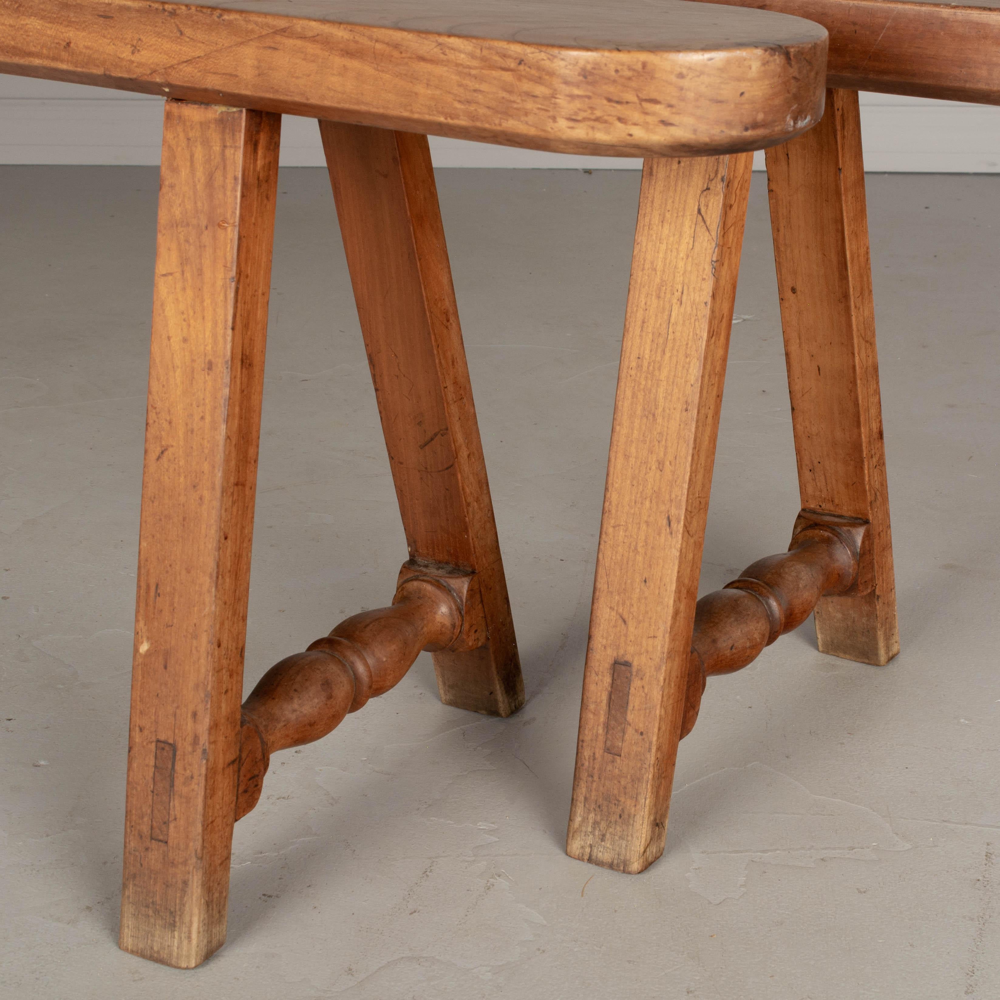 Country French Cherry Wood Farm Table Benches, a Pair For Sale 3