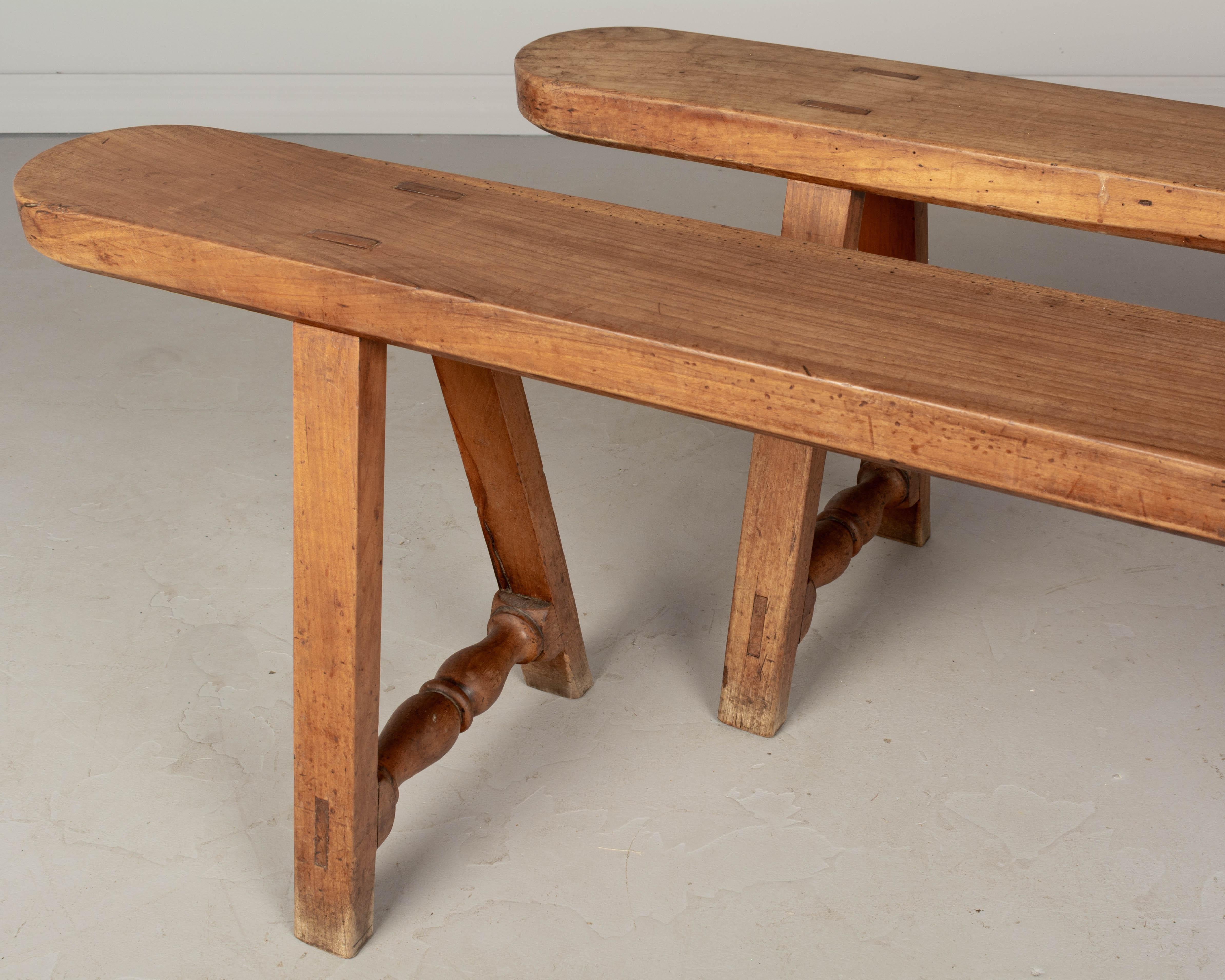 Country French Cherry Wood Farm Table Benches, a Pair For Sale 4