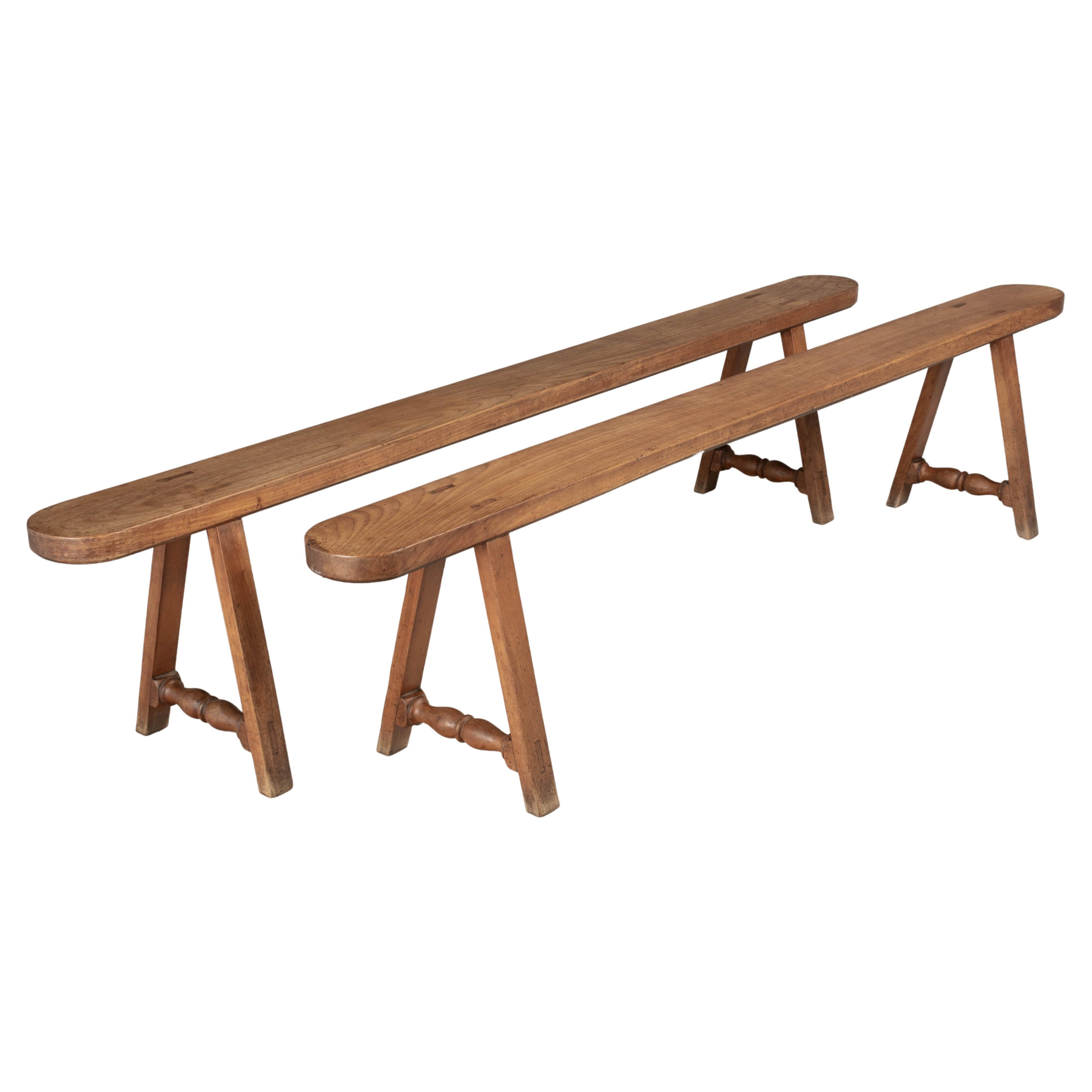 Country French Cherry Wood Farm Table Benches, a Pair For Sale