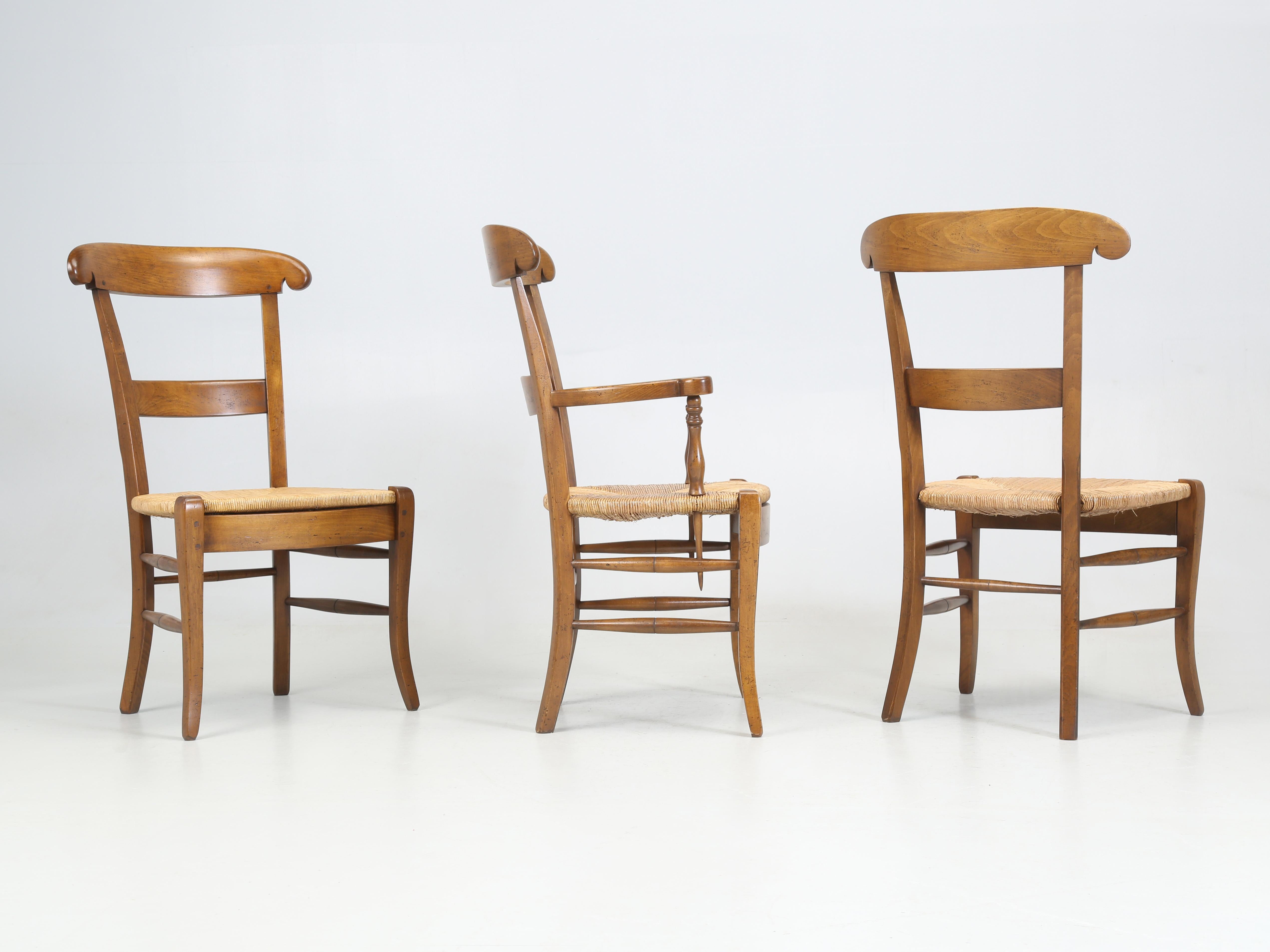 French Country Dining Chairs set of (4) hand-made by the Lacroix family who began producing French Dining Chairs back in 1856. The Dining Chairs are not only beautifully executed to the highest quality, but are amazingly comfortable. Our Lacroix