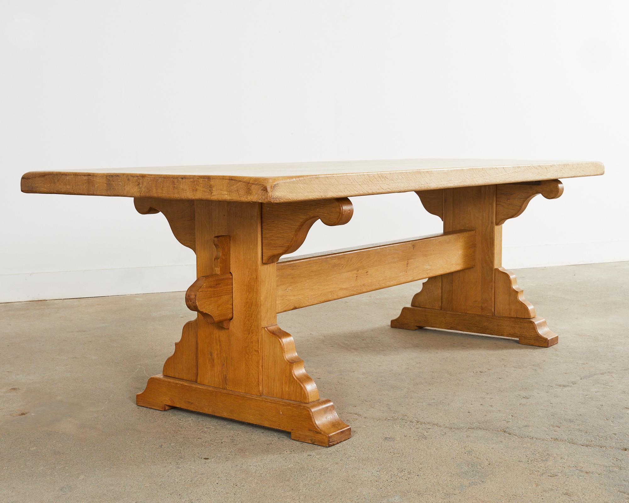 Country French Farmhouse Bleached Oak Trestle Dining Table In Good Condition For Sale In Rio Vista, CA
