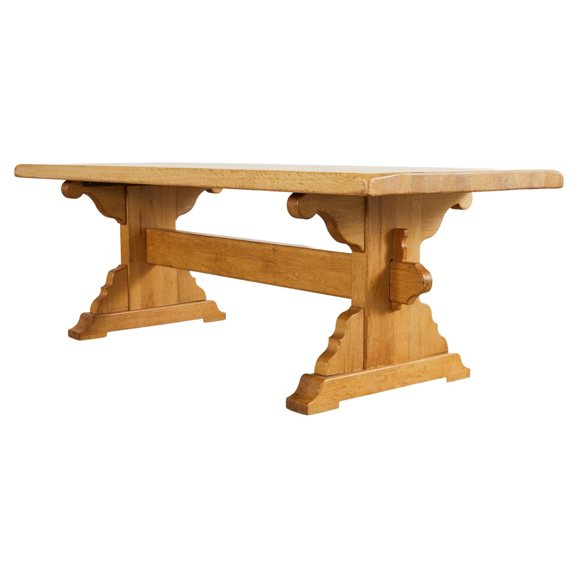 Country French Farmhouse Bleached Oak Trestle Dining Table For Sale