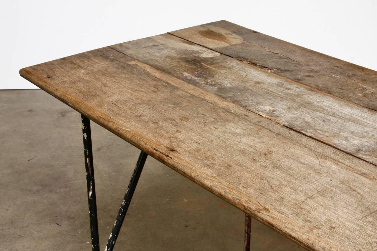 Country French Farmhouse Dining Table with Metal Base In Distressed Condition In Rio Vista, CA