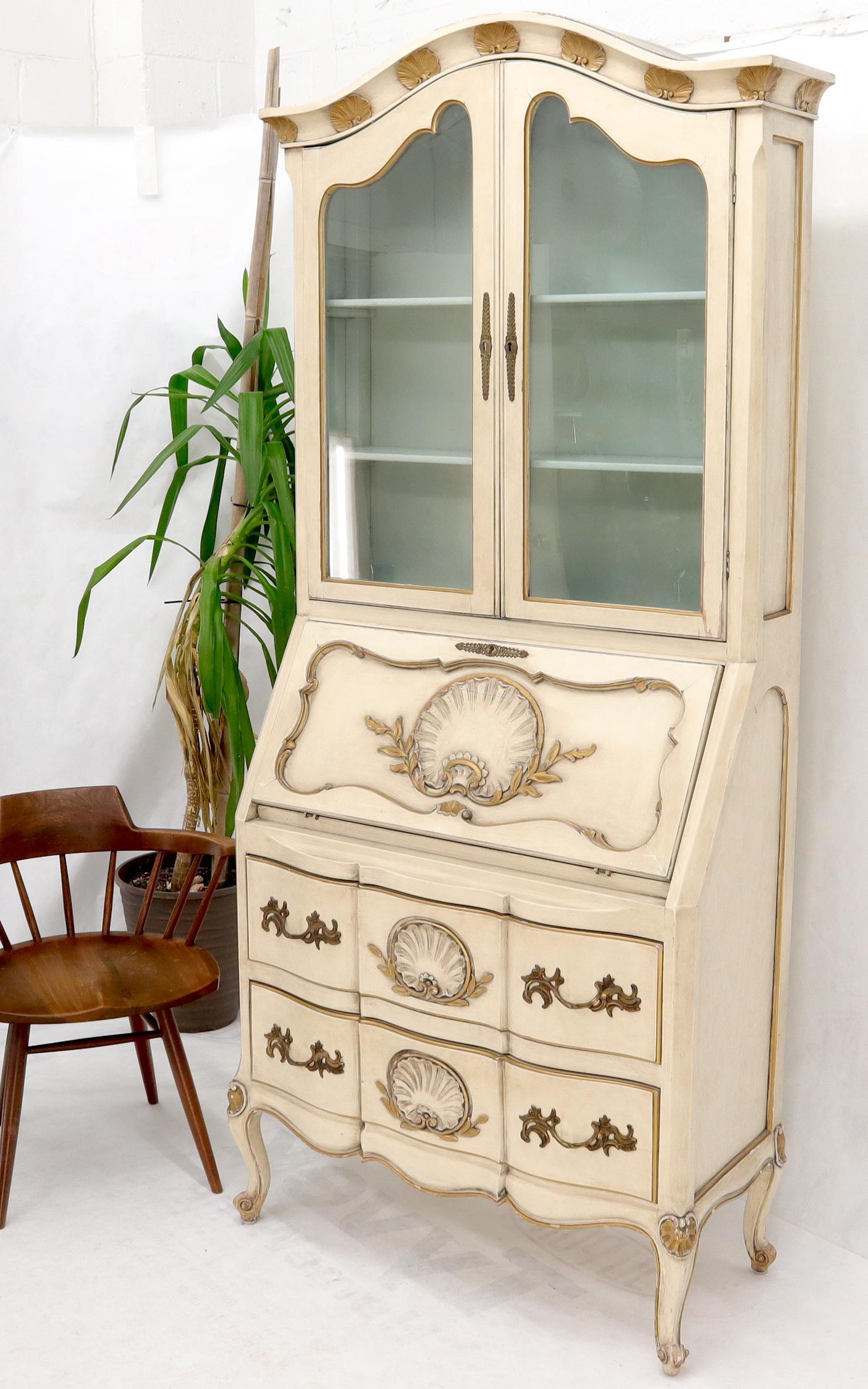 Country French Gold Decorated Scollop Carving Drop Front Secretary Desk Bookcase 3