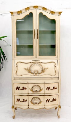 Country French Gold Decorated Scollop Carving Drop Front Secretary Desk Bookcase