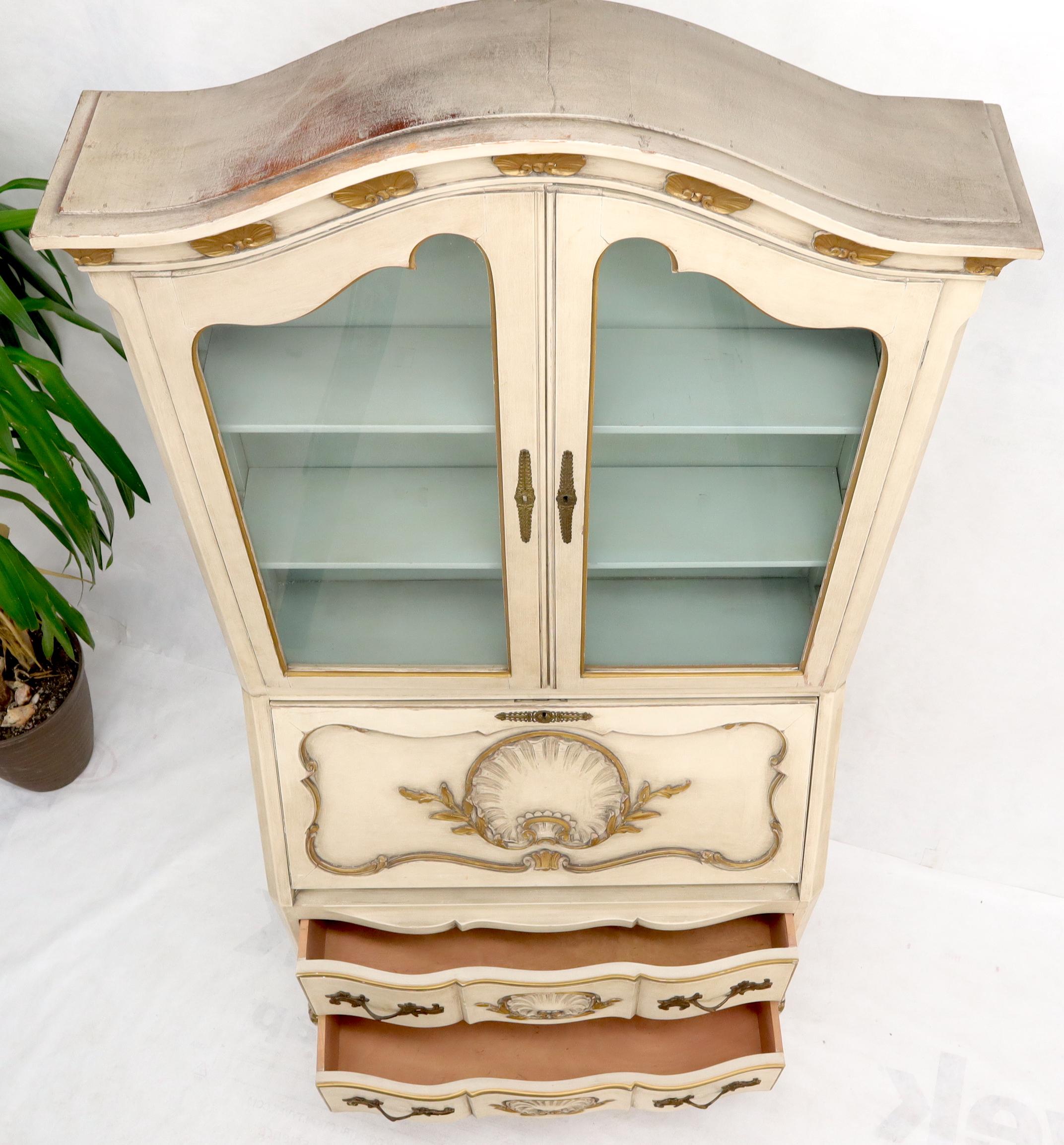 American Country French Gold Decorated Scollop Carving Drop Front Secretary Desk Bookcase