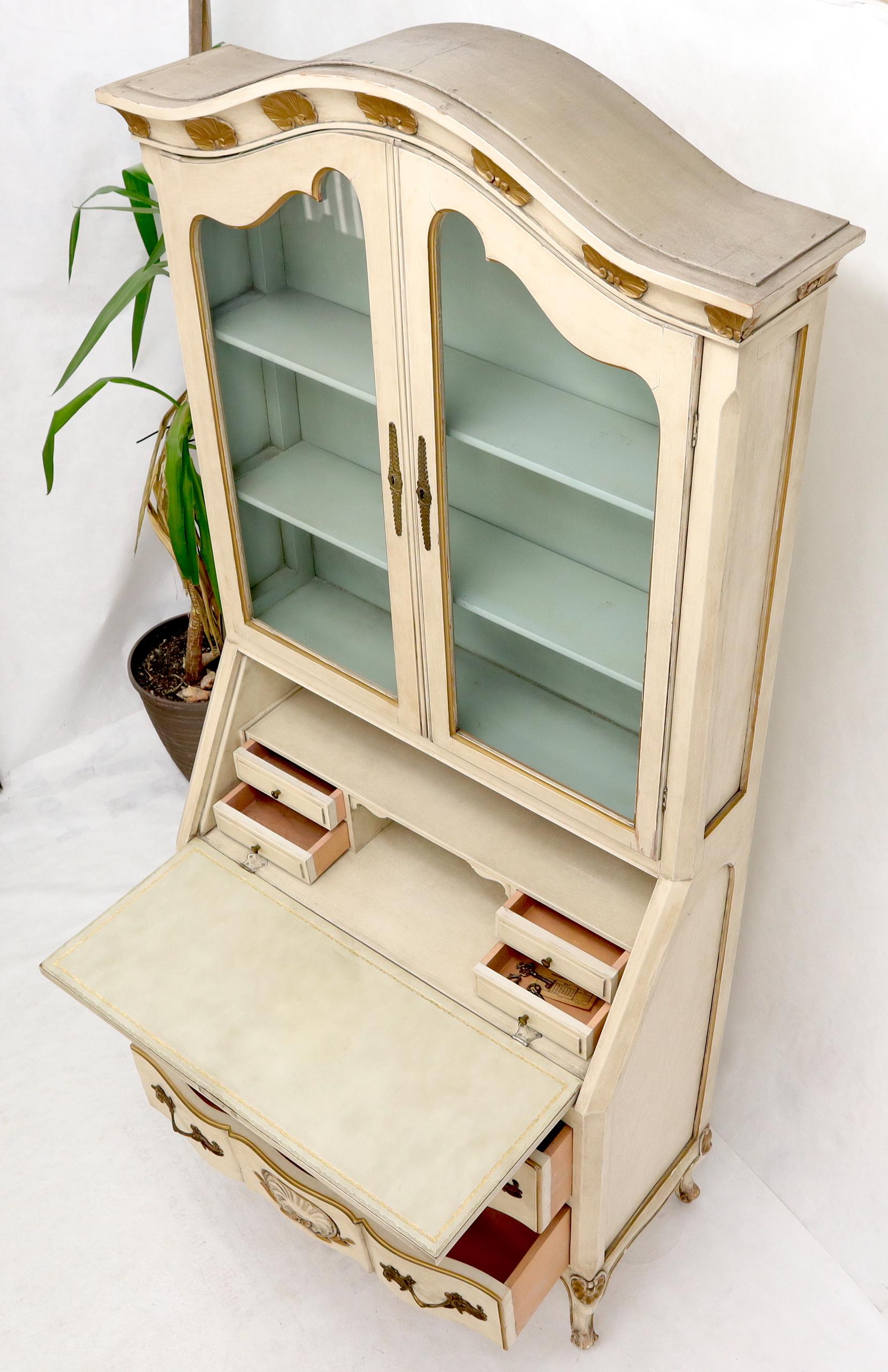 Country French Gold Decorated Scollop Carving Drop Front Secretary Desk Bookcase In Good Condition In Rockaway, NJ