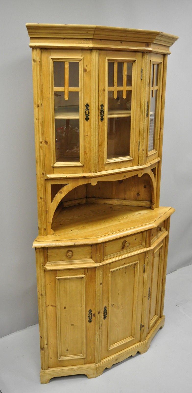 Country French Gothic Primitive Corner China Cabinet Hutch Pine Wood Cupboard In Good Condition In Philadelphia, PA