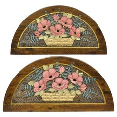 Country French Hand Carved Pine Flower Bouquet Wall Art Panel Plaque - a Pair
