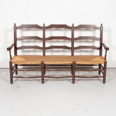 Country French Ladder-Back Walnut Settee or Radassier with Rush Seat