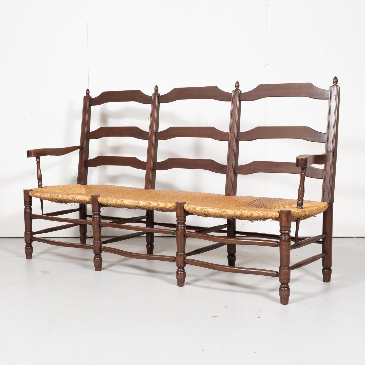 Mid-20th Century Country French Ladder-Back Walnut Settee or Radassier with Rush Seat