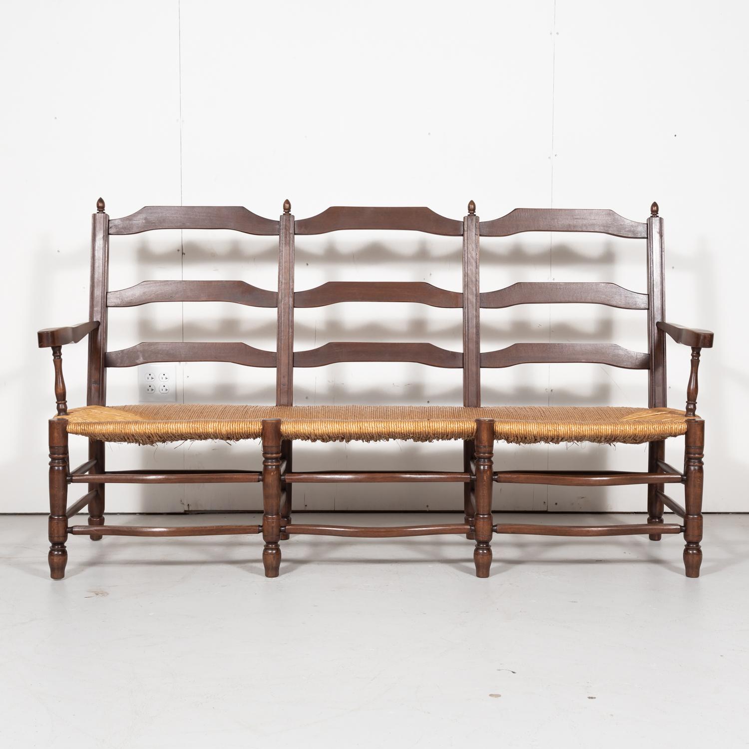 Country French Ladder-Back Walnut Settee or Radassier with Rush Seat 1