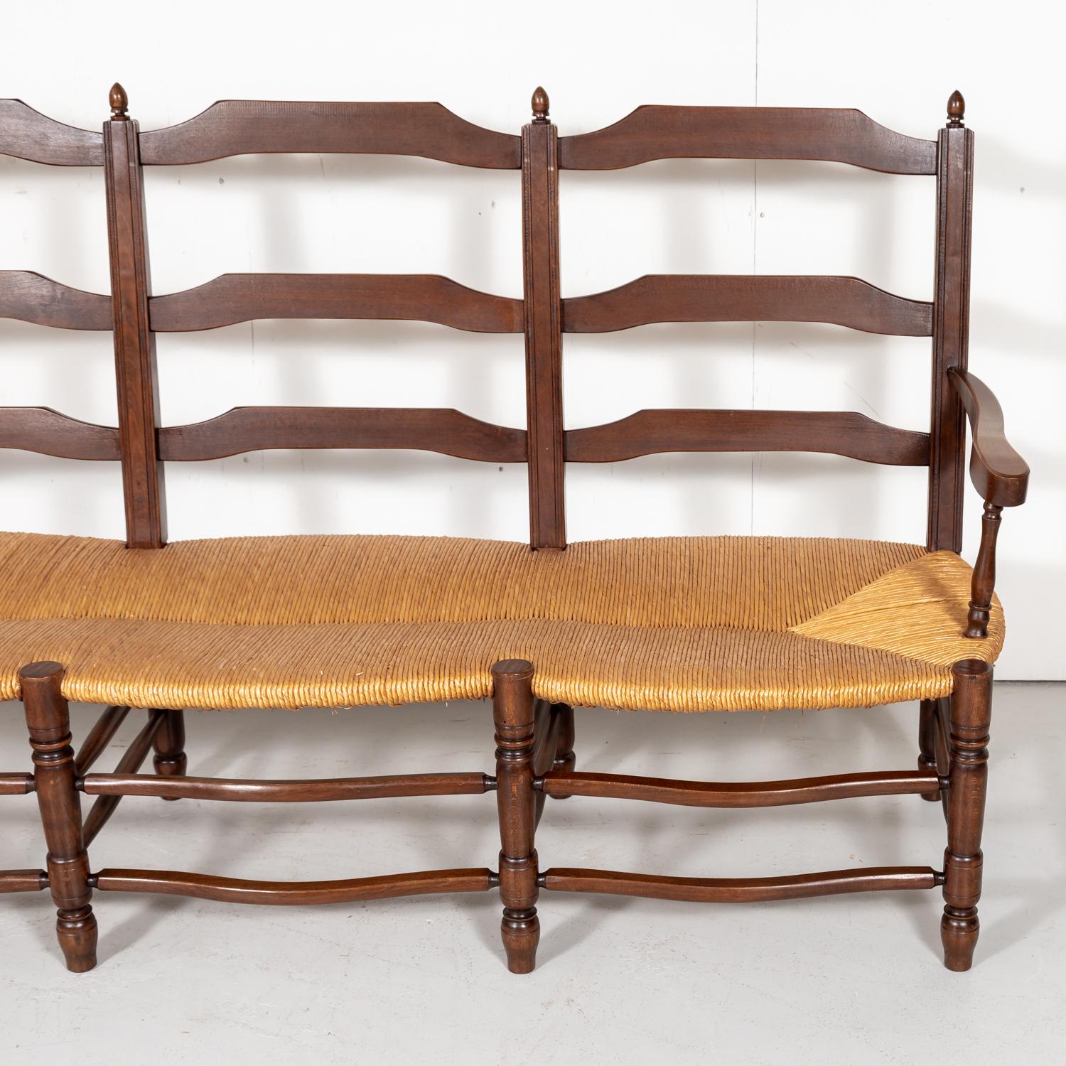 Country French Ladder-Back Walnut Settee or Radassier with Rush Seat 2
