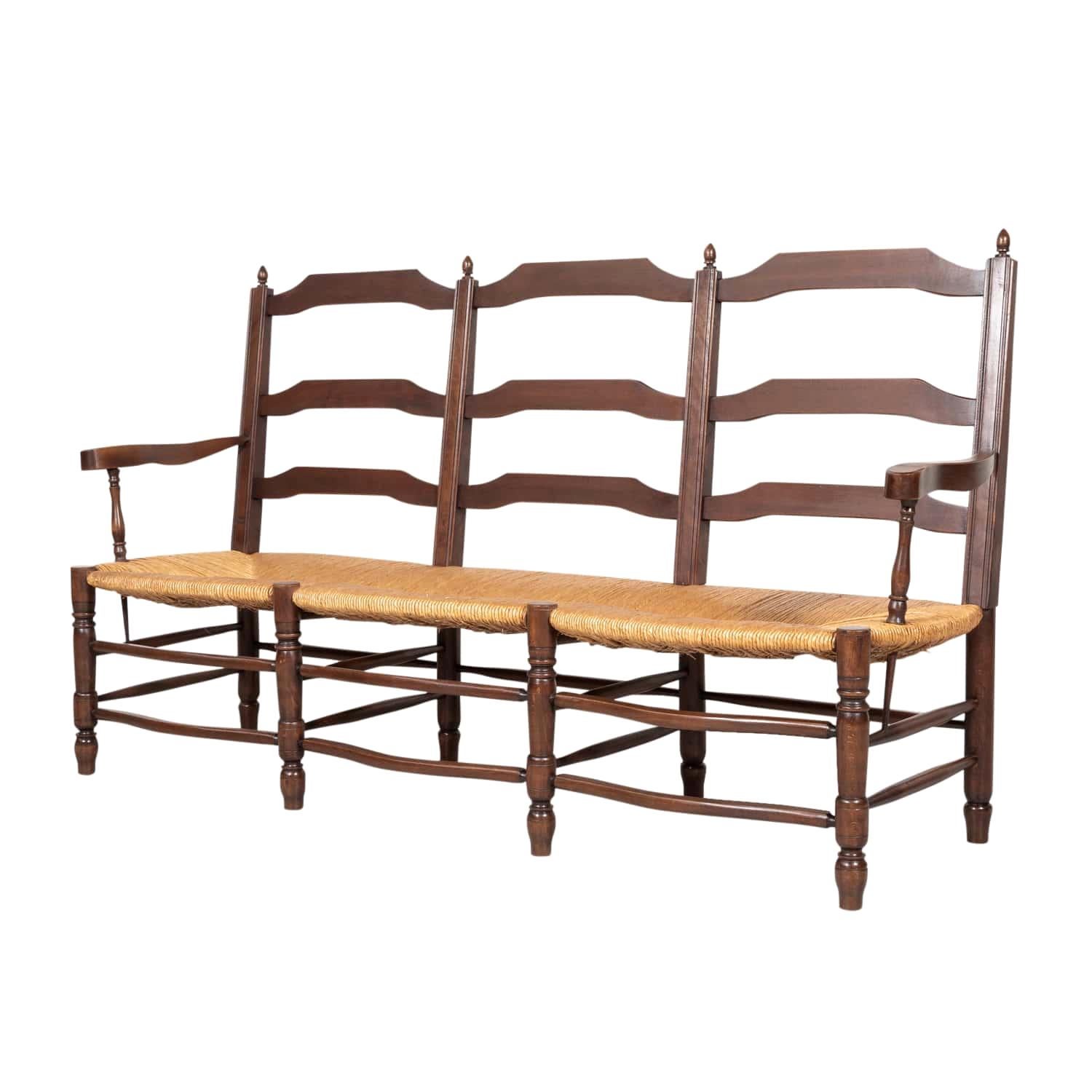 Country French Ladder-Back Walnut Settee or Radassier with Rush Seat