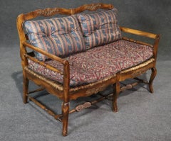 Rush Seat Distressed French Louis XV Provincial Settee Window Bench