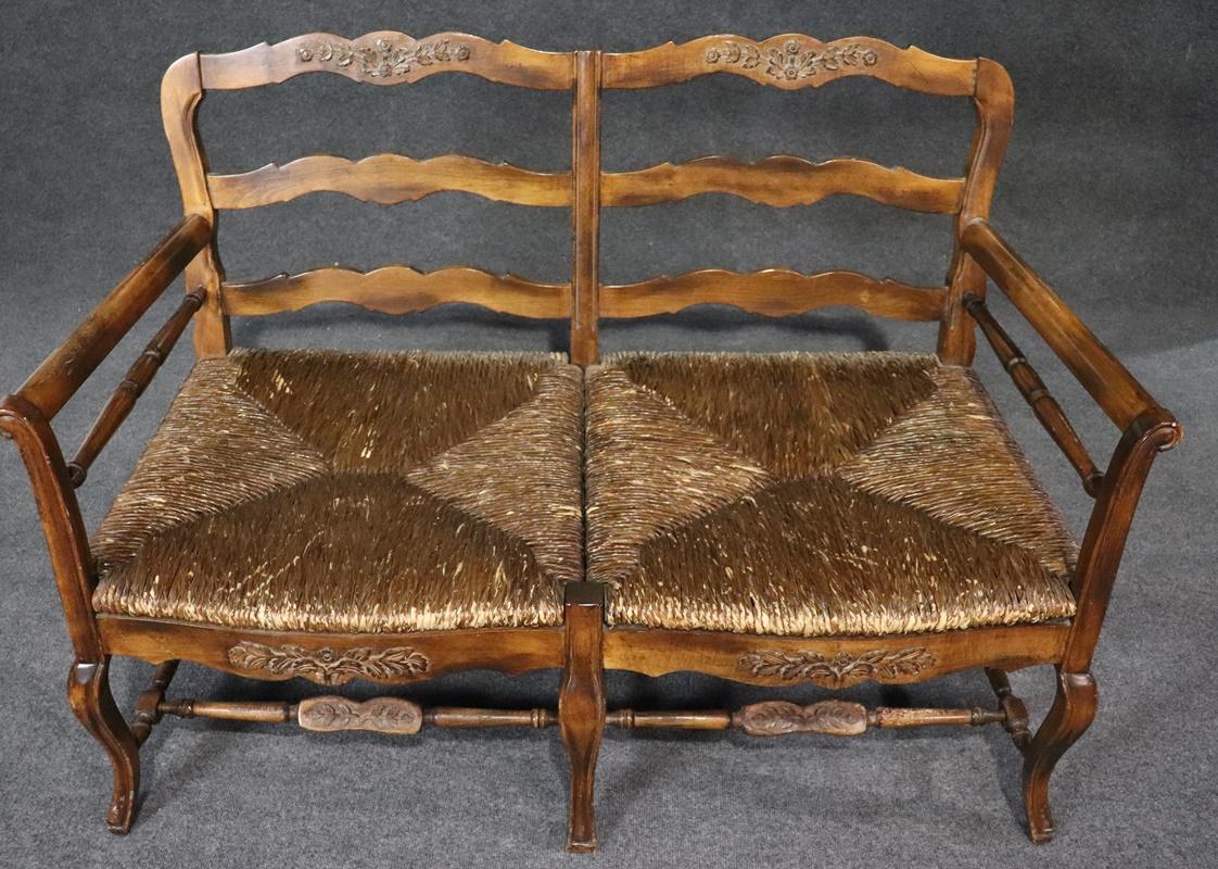 Upholstery Rush Seat Distressed French Louis XV Provincial Settee Window Bench