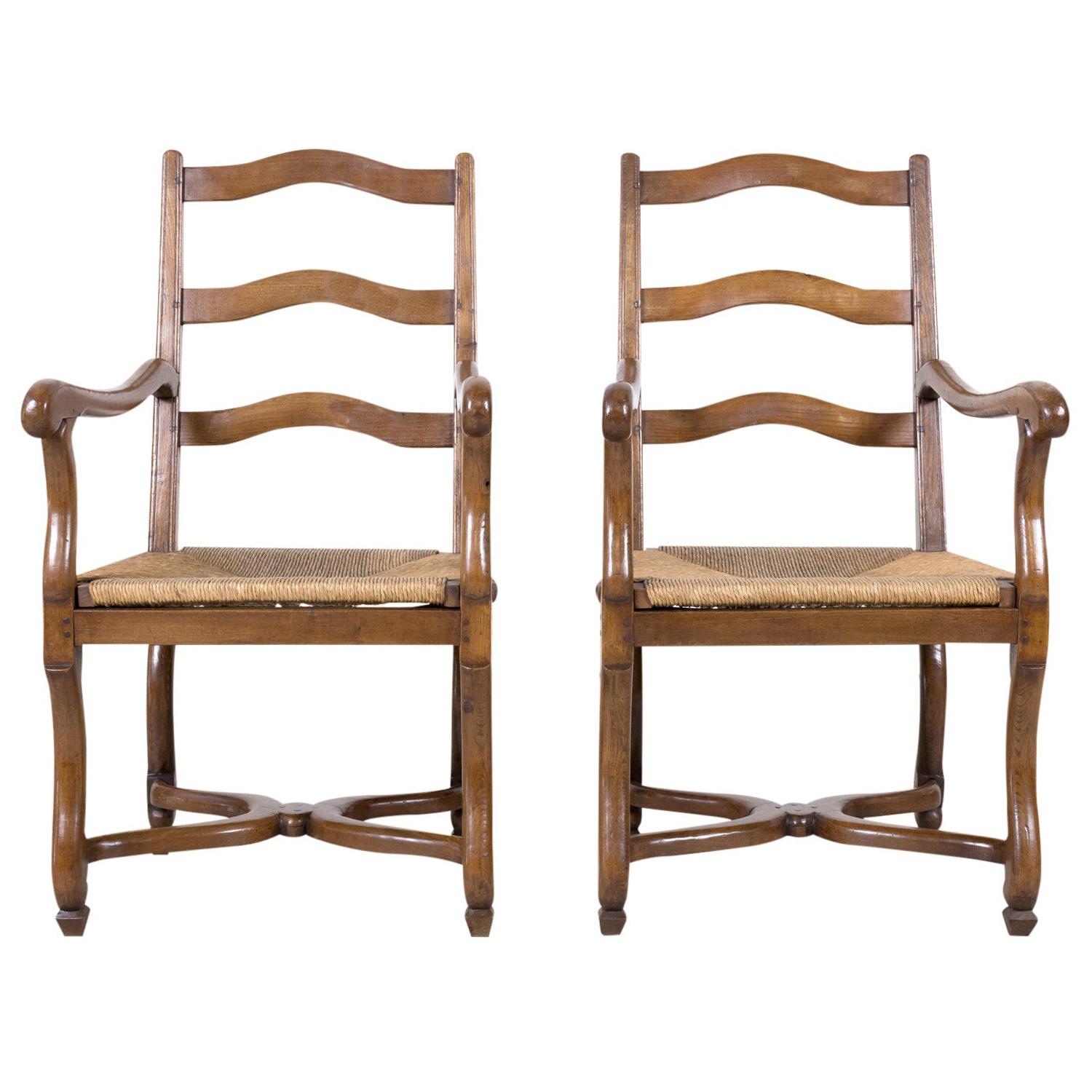 Country French Louis XIV Style Oak Ladder Back Arm Chairs with Rush Seats, Pair