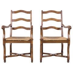 Country French Louis XIV Style Oak Ladder Back Arm Chairs with Rush Seats, Pair