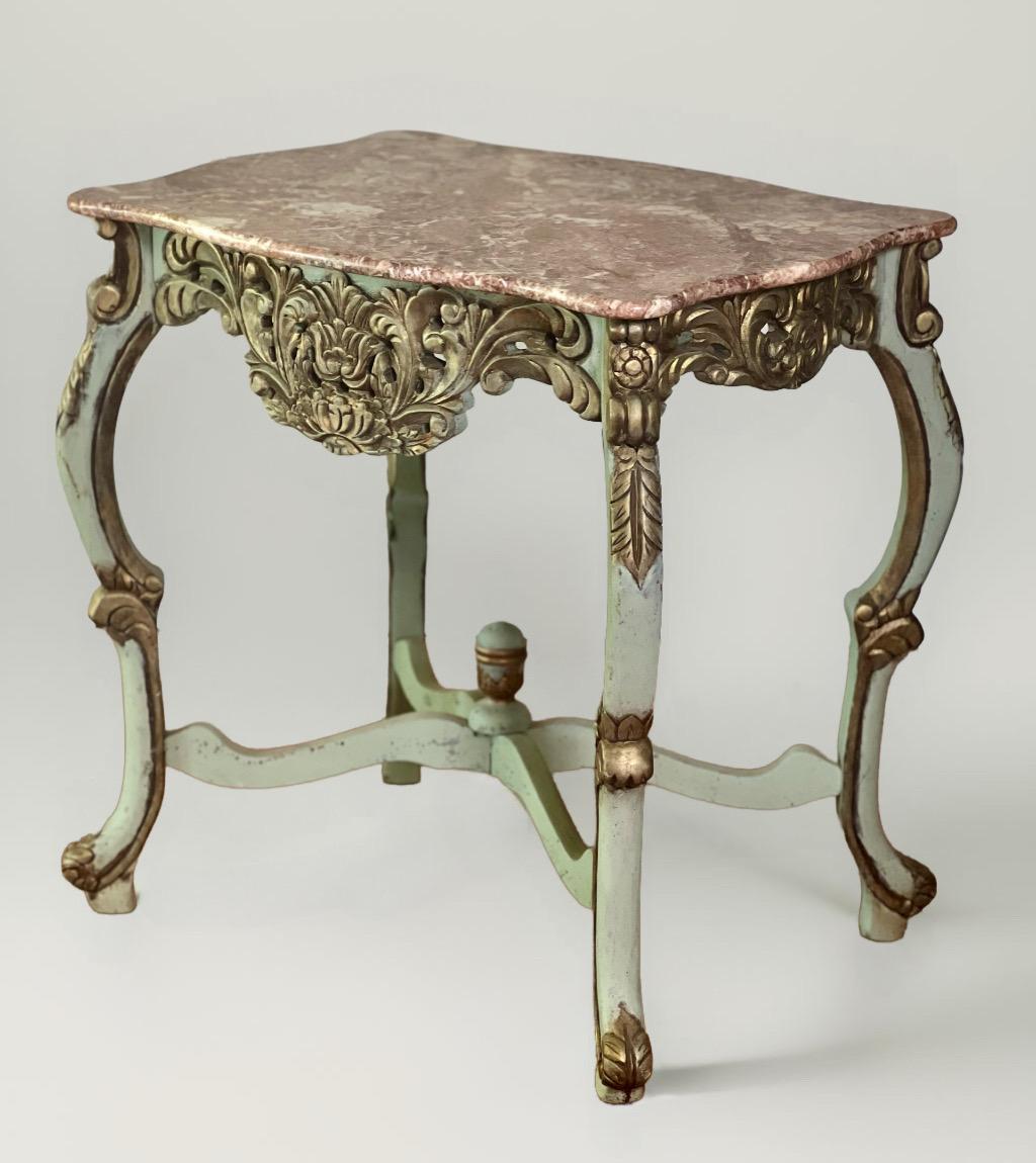 Gilt Country French Louis XV Style Carved and Painted Marble Top Center Table For Sale