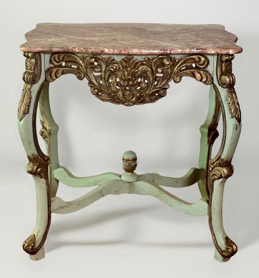 Country French Louis XV Style Carved and Painted Marble Top Center Table In Good Condition For Sale In Doylestown, PA