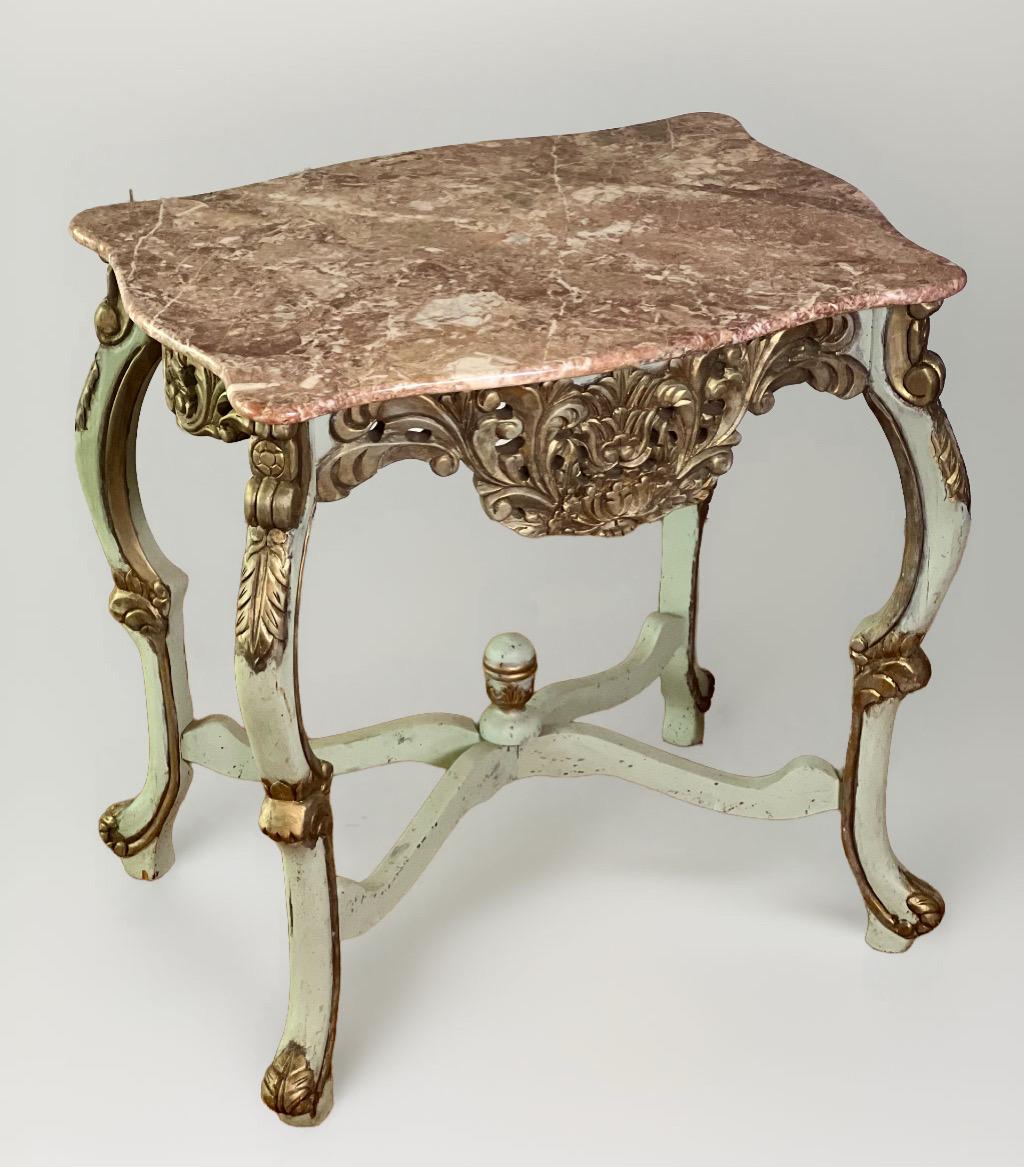 Mid-20th Century Country French Louis XV Style Carved and Painted Marble Top Center Table For Sale