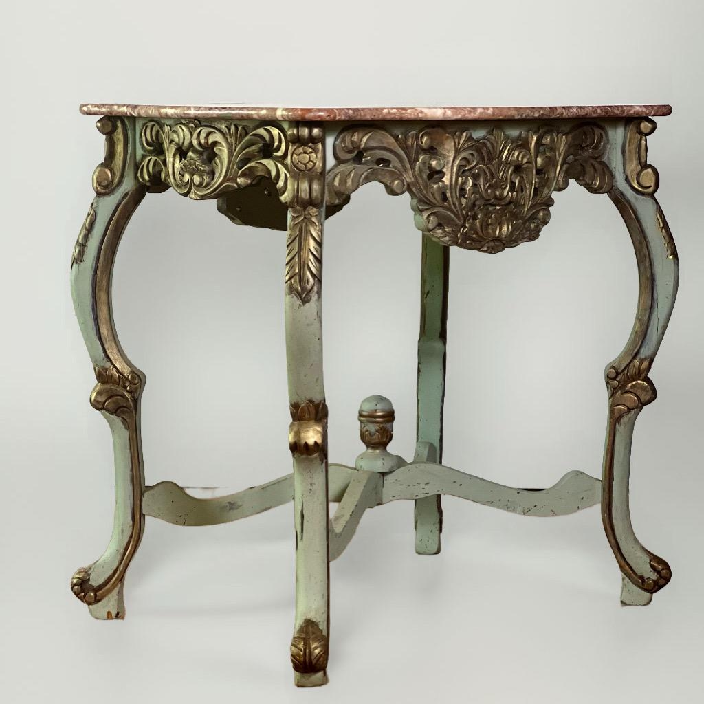 Wood Country French Louis XV Style Carved and Painted Marble Top Center Table For Sale