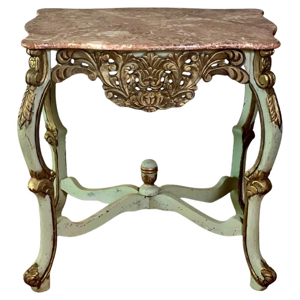 Country French Louis XV Style Carved and Painted Marble Top Center Table For Sale
