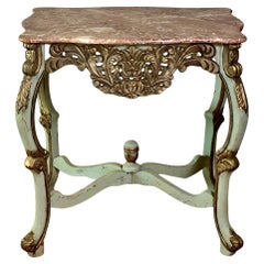 Country French Louis XV Style Carved and Painted Marble Top Center Table