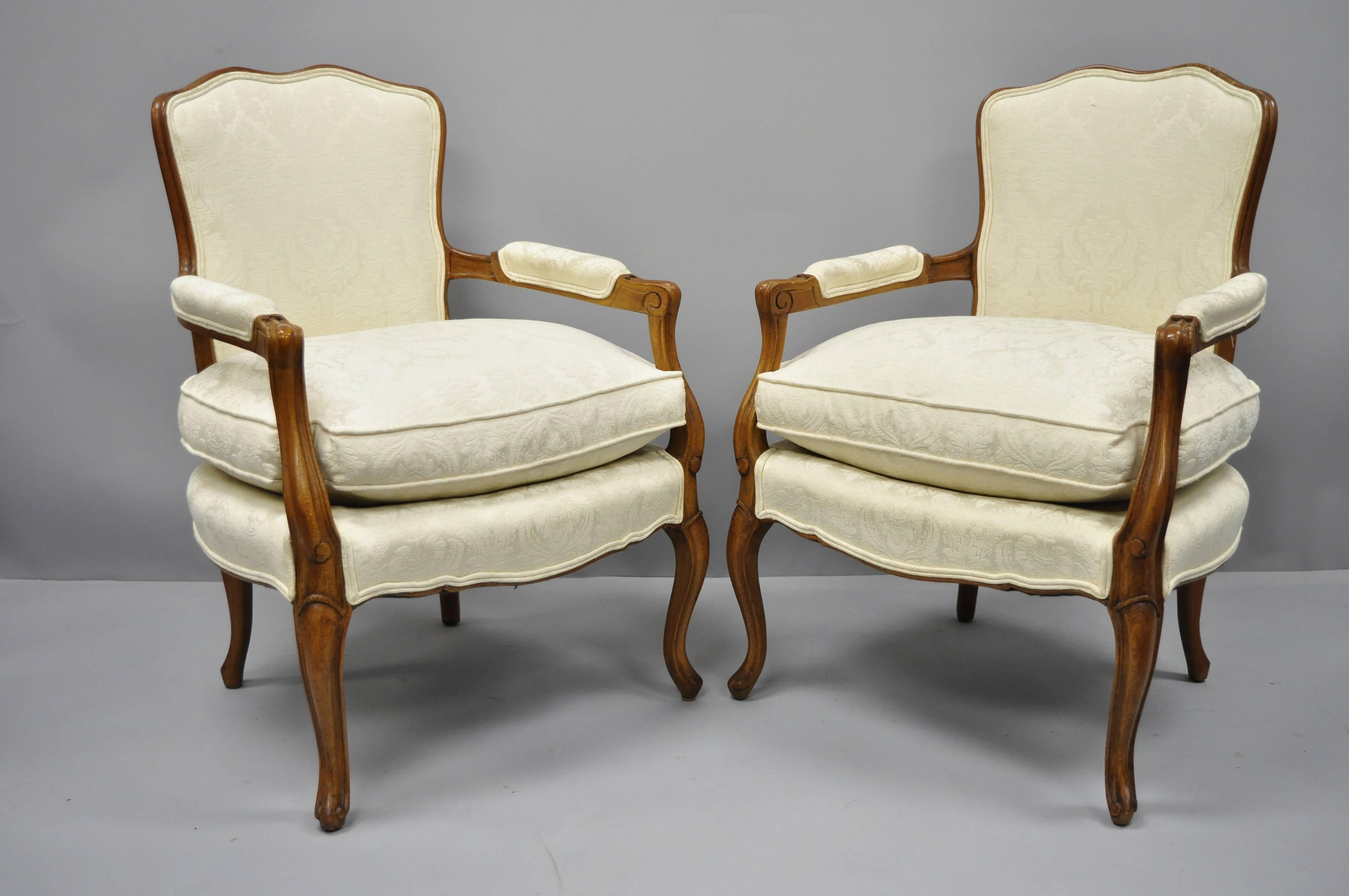 Country French Louis XV Style Fauteuil Armchairs White Down Filled Cushions Pair 7