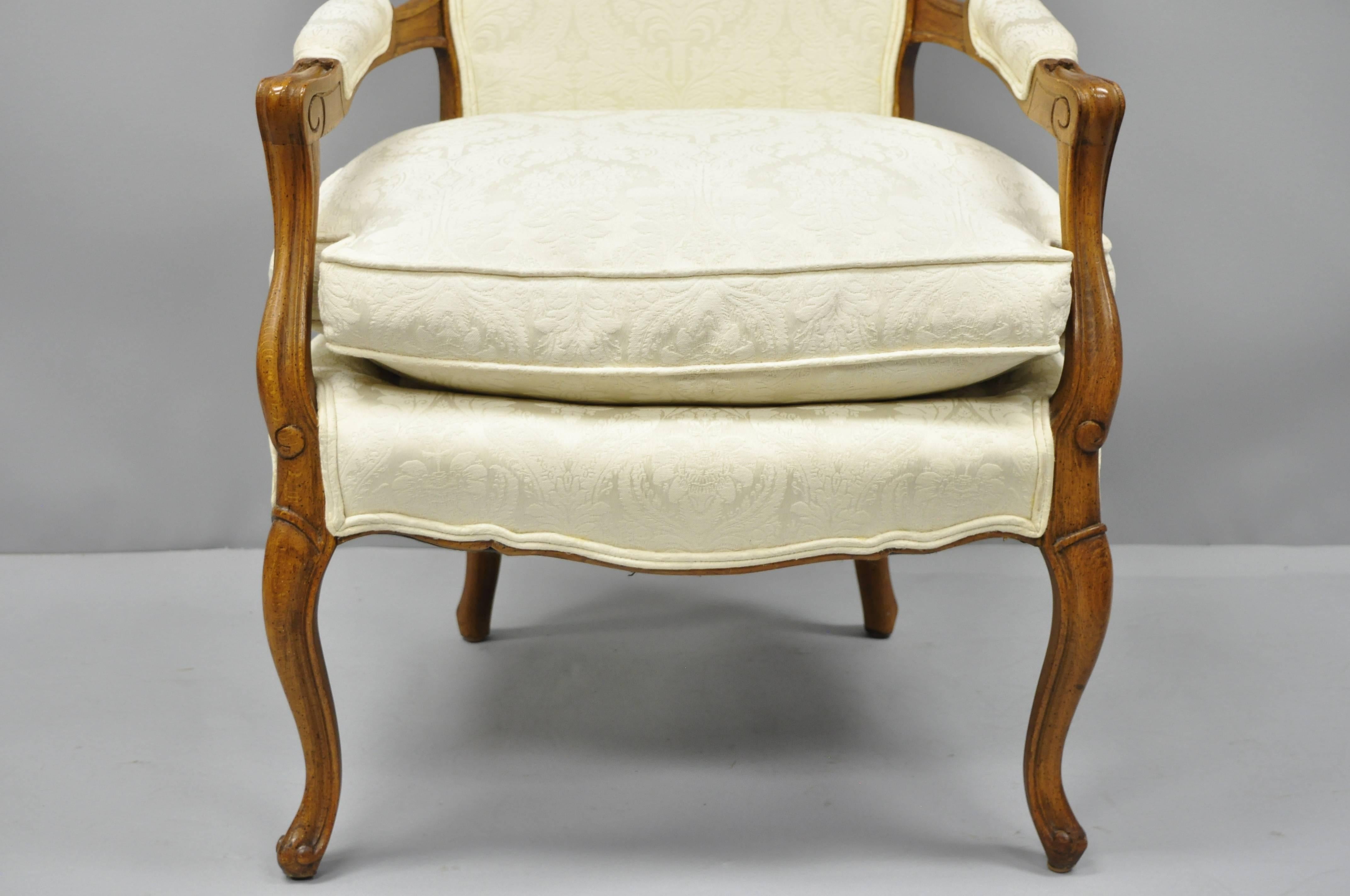 Country French Louis XV Style Fauteuil Armchairs White Down Filled Cushions Pair In Excellent Condition In Philadelphia, PA