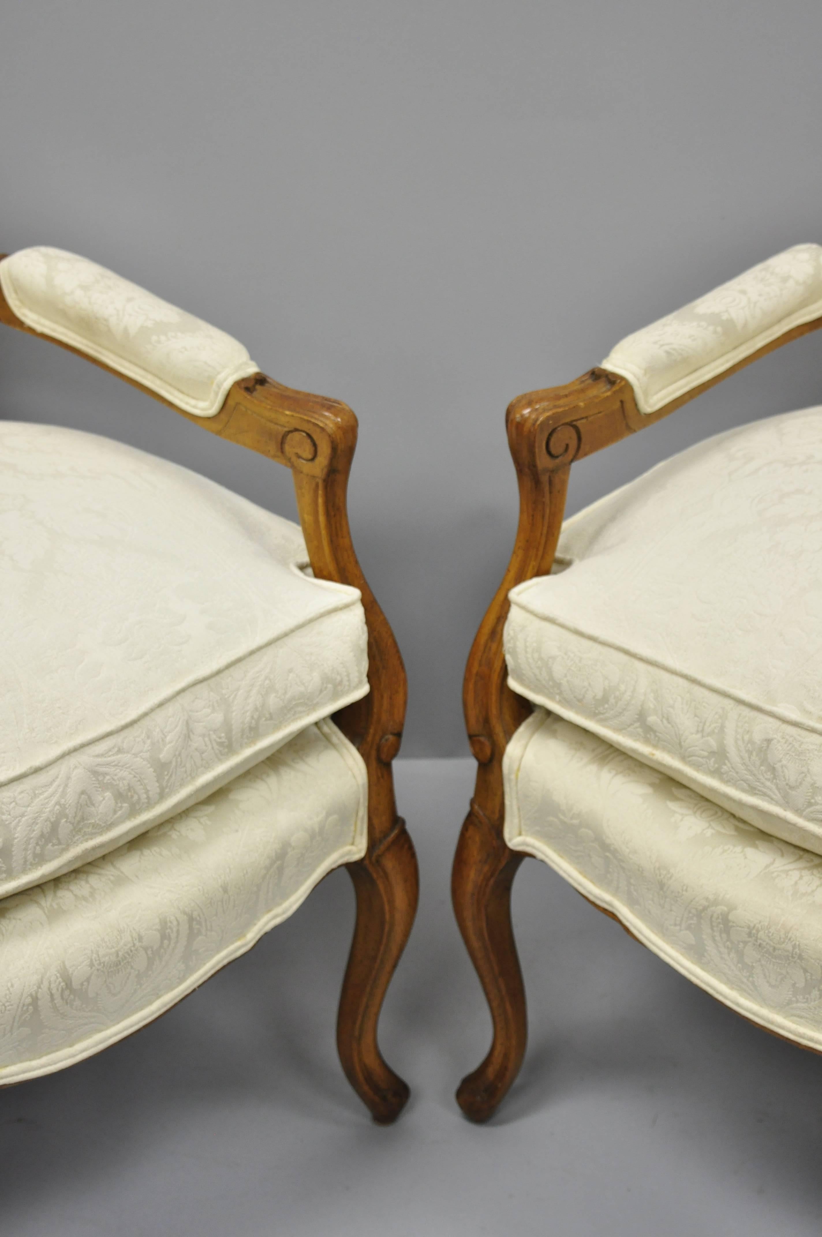 20th Century Country French Louis XV Style Fauteuil Armchairs White Down Filled Cushions Pair