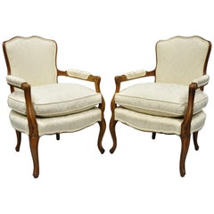 Country French Louis XV Style Fauteuil Armchairs White Down Filled Cushions Pair