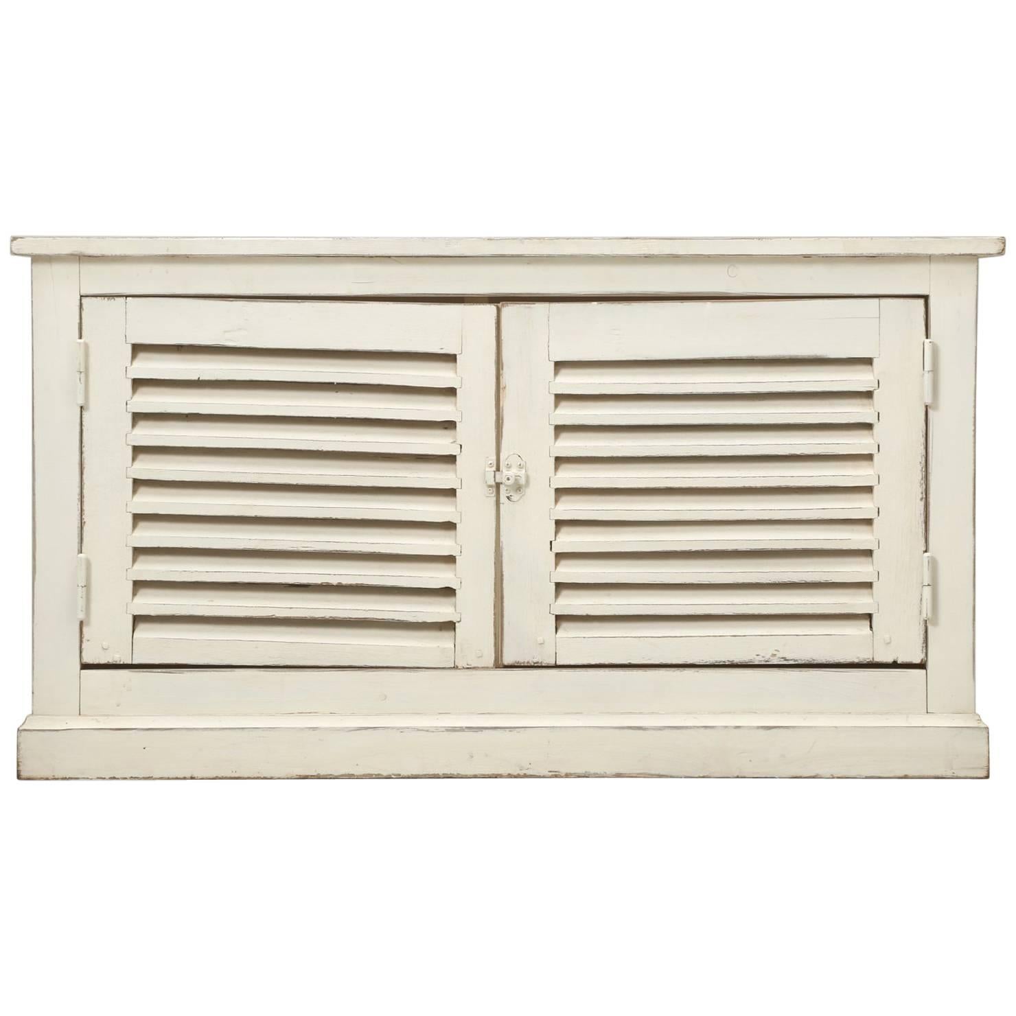 Country French Louvered Cabinet, Low Buffet Distressed White Paint From Brittany