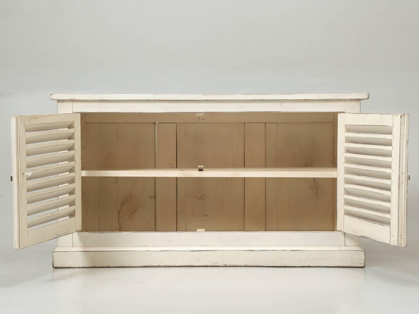 Country French Louvered Cabinet, Low Buffet Distressed White Paint From Brittany For Sale 1