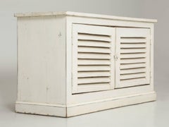 Country French Louvered Cabinet, Low Buffet Distressed White Paint From Brittany