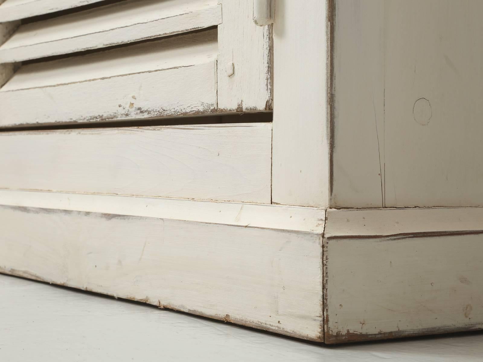Wood Country French Louvered Cabinet, Low Buffet Distressed White Paint From Brittany For Sale