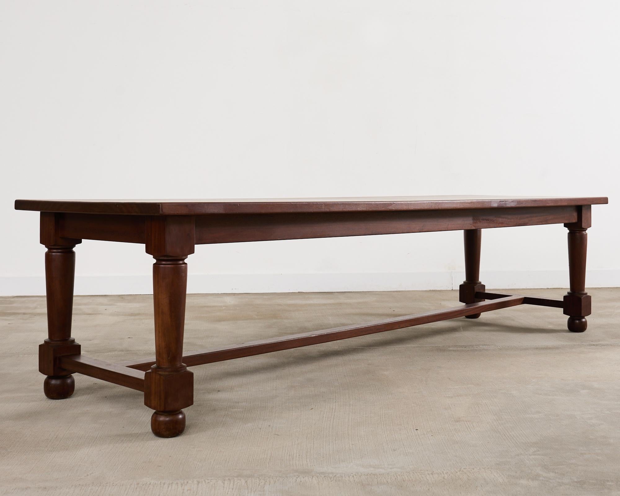 Country French Mahogany Farmhouse Trestle Harvest Dining Table In Good Condition For Sale In Rio Vista, CA
