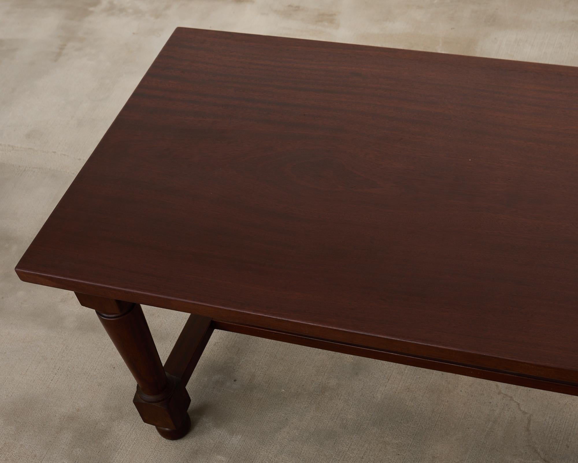 Hardwood Country French Mahogany Farmhouse Trestle Harvest Dining Table For Sale