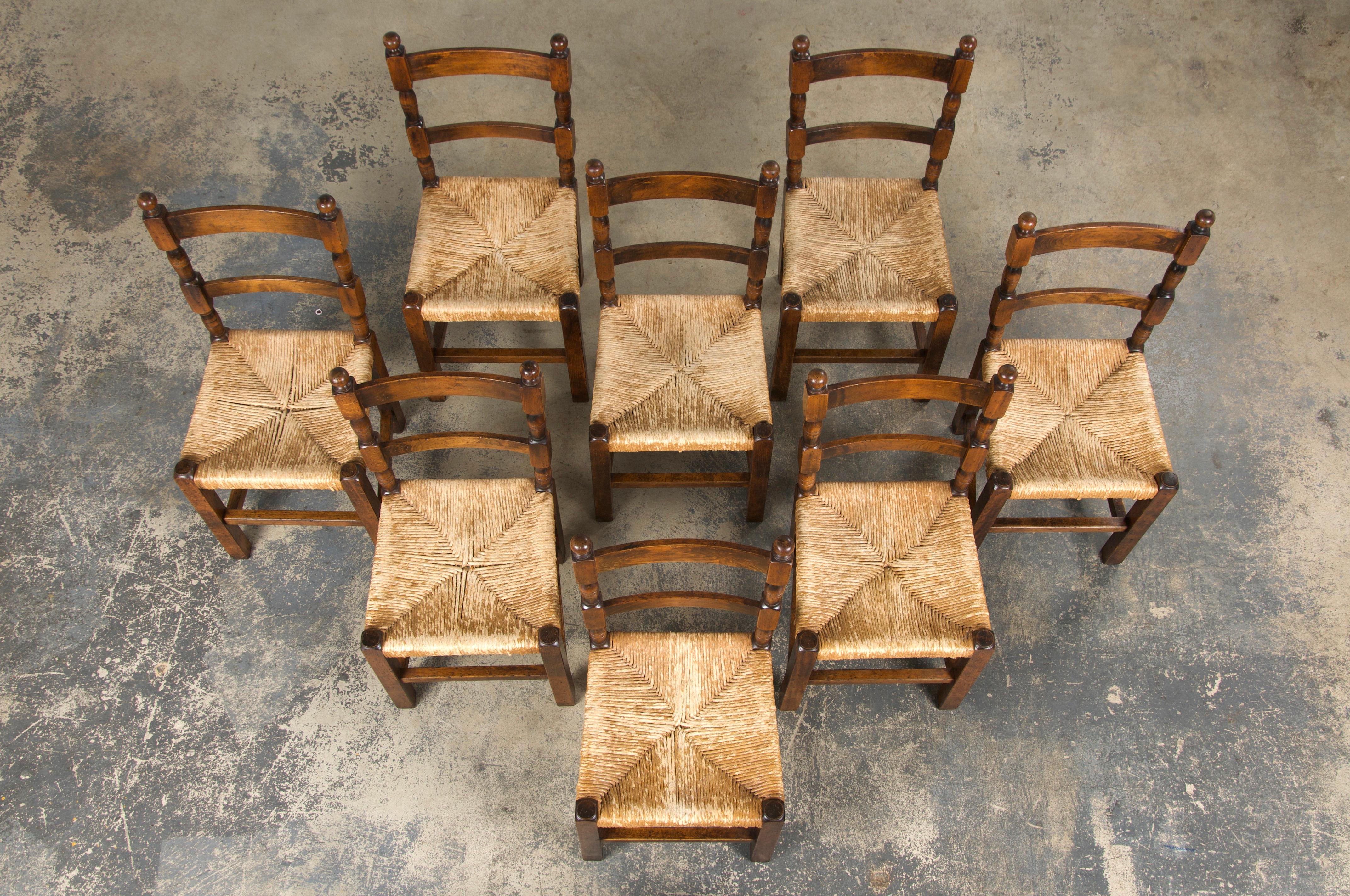 French Provincial Country French Maple Ladder Back Rush Seats Farmhouse Dining Chairs - Set of 8 For Sale