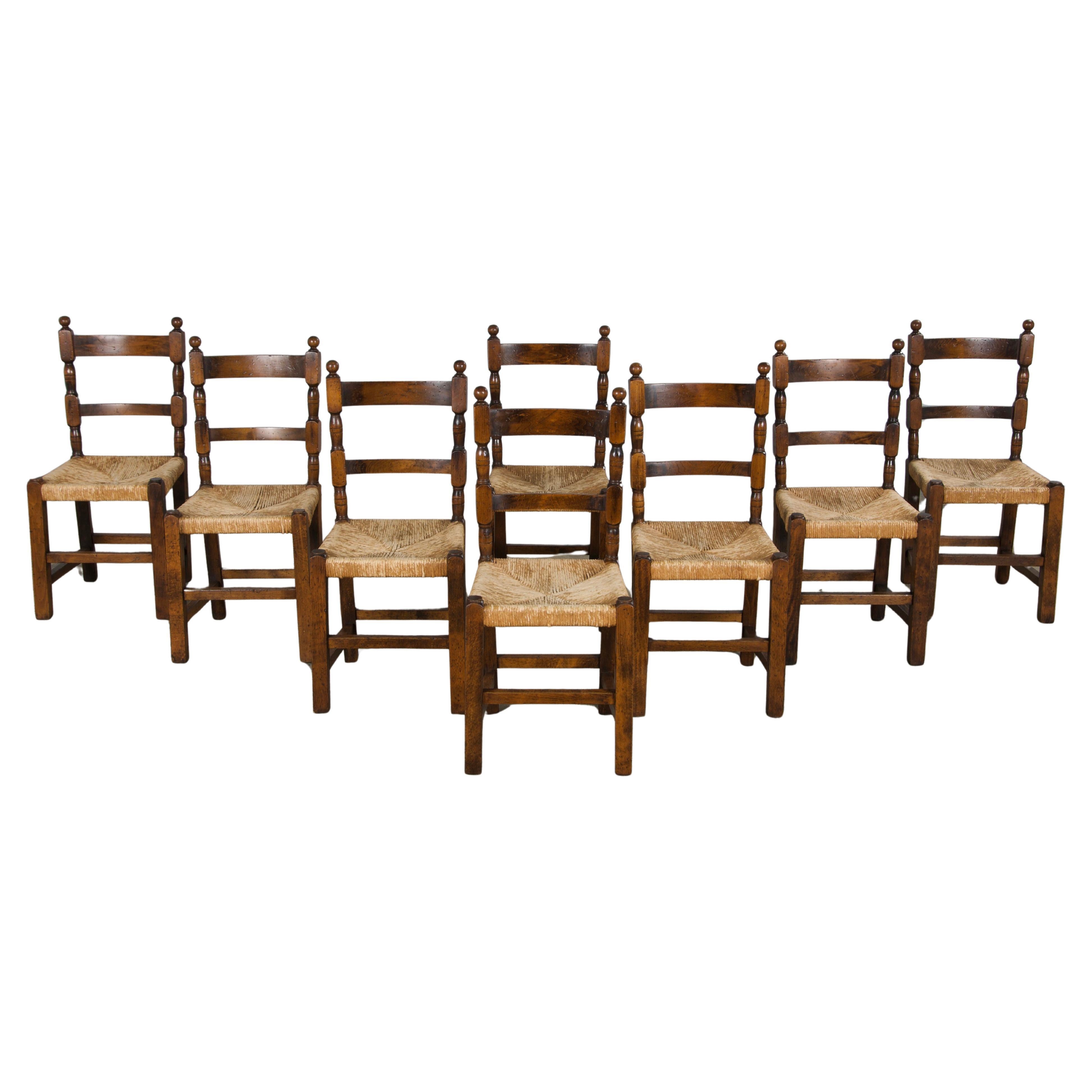 Country French Maple Ladder Back Rush Seats Farmhouse Dining Chairs - Set of 8