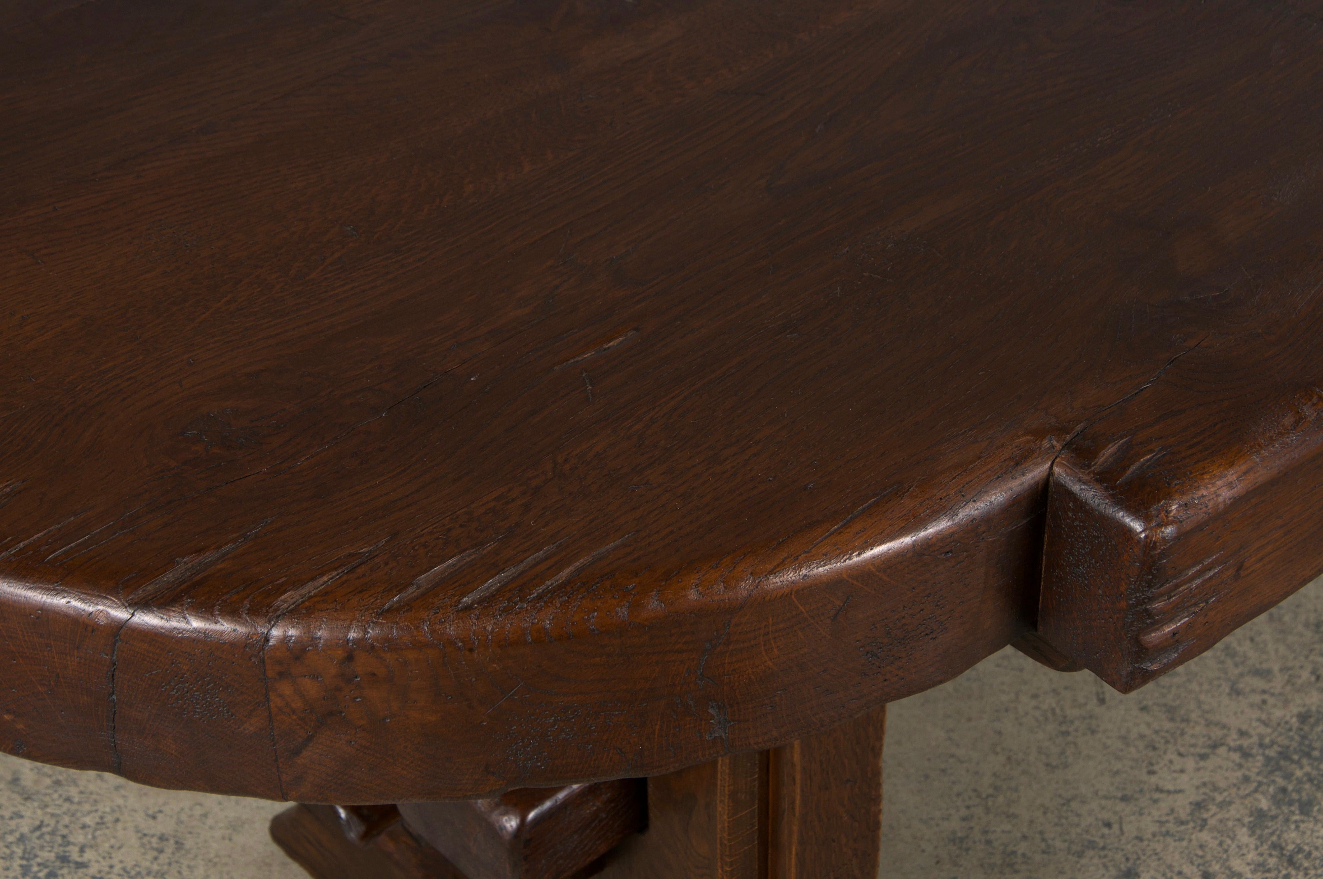 Hand-Carved Country French Monastery Style Oak Trestle Dining Table