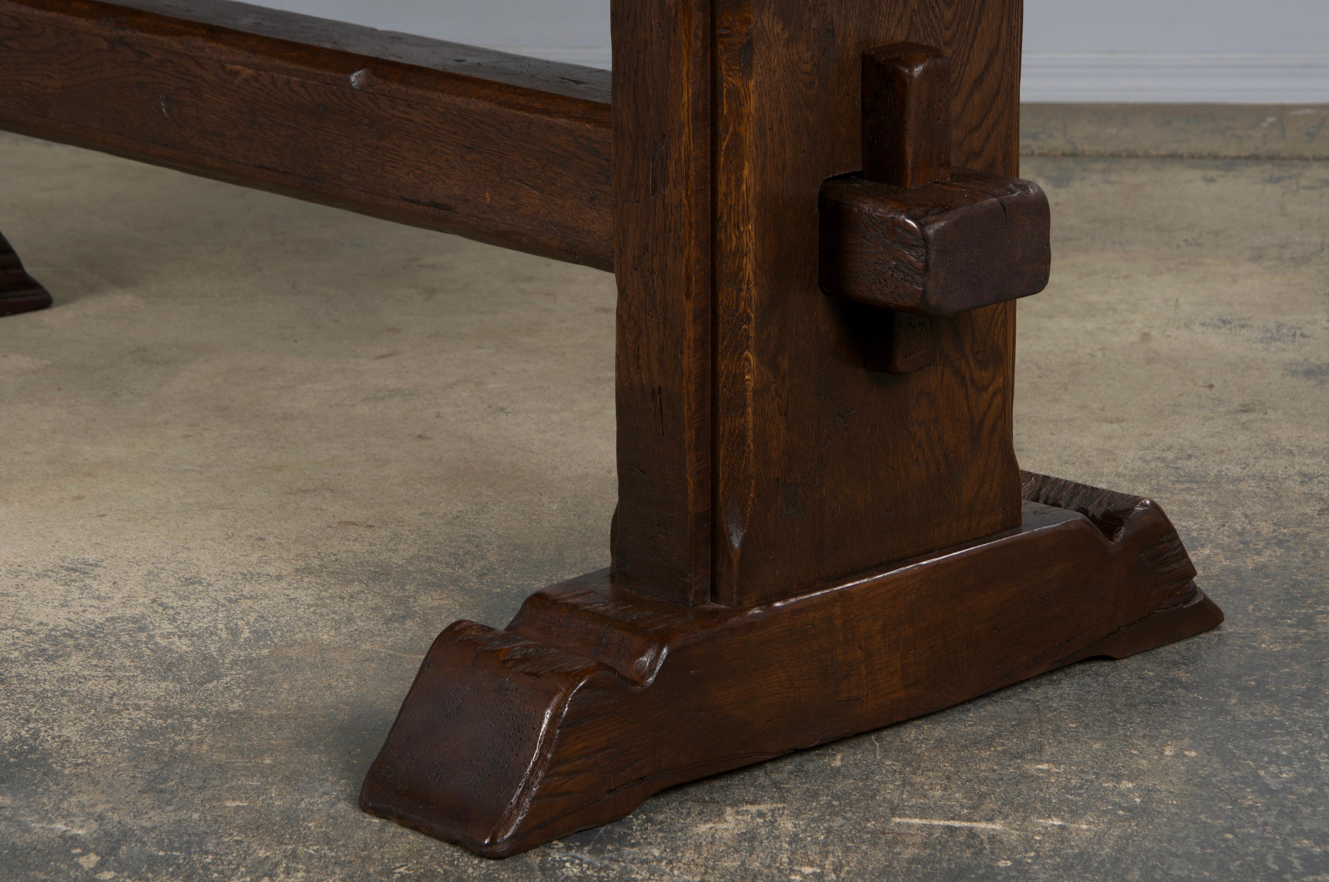 Country French Monastery Style Oak Trestle Dining Table In Good Condition In Astoria, NY