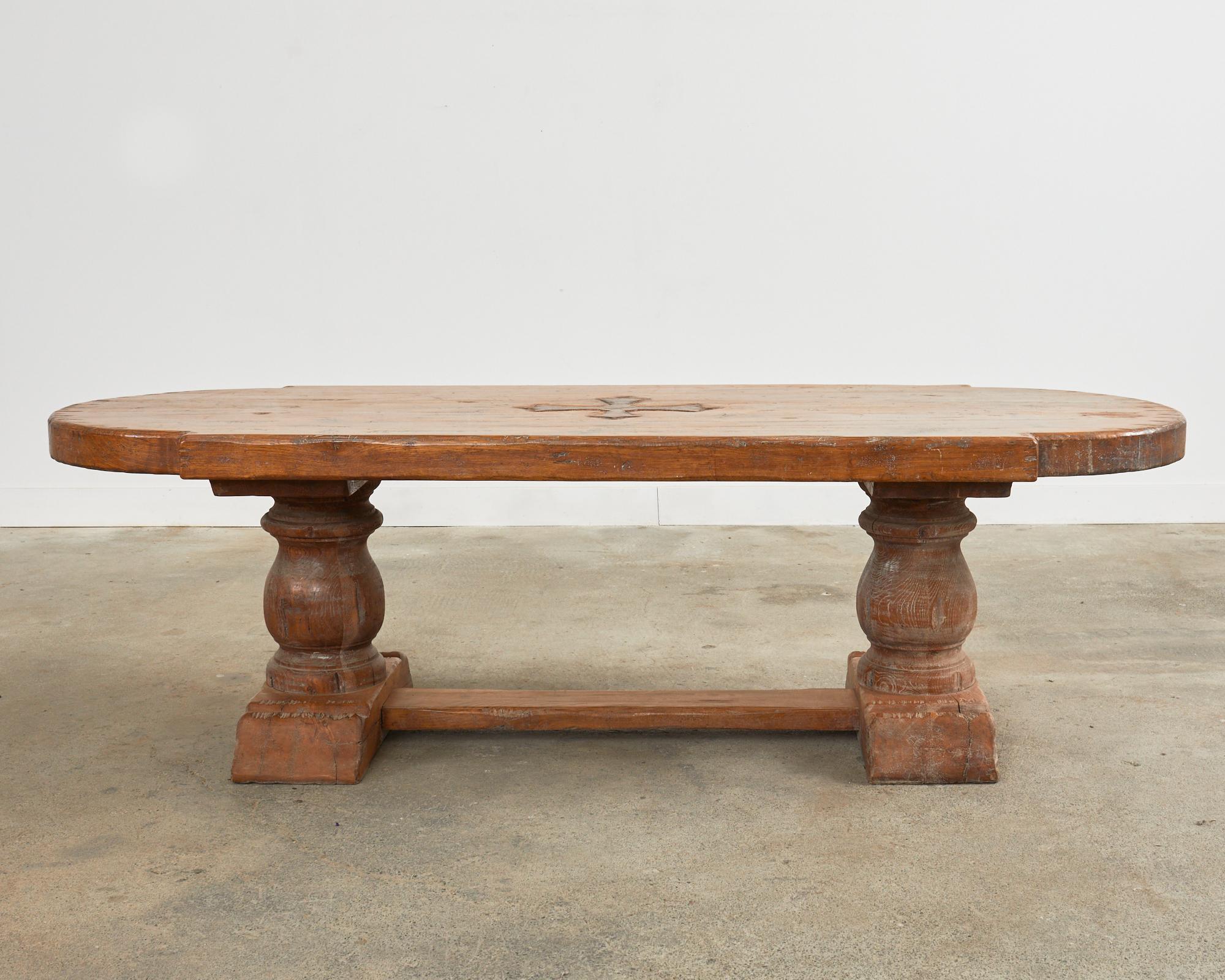 Rustic Grand Country French Oak Farmhouse Dining Table Demilune Ends For Sale