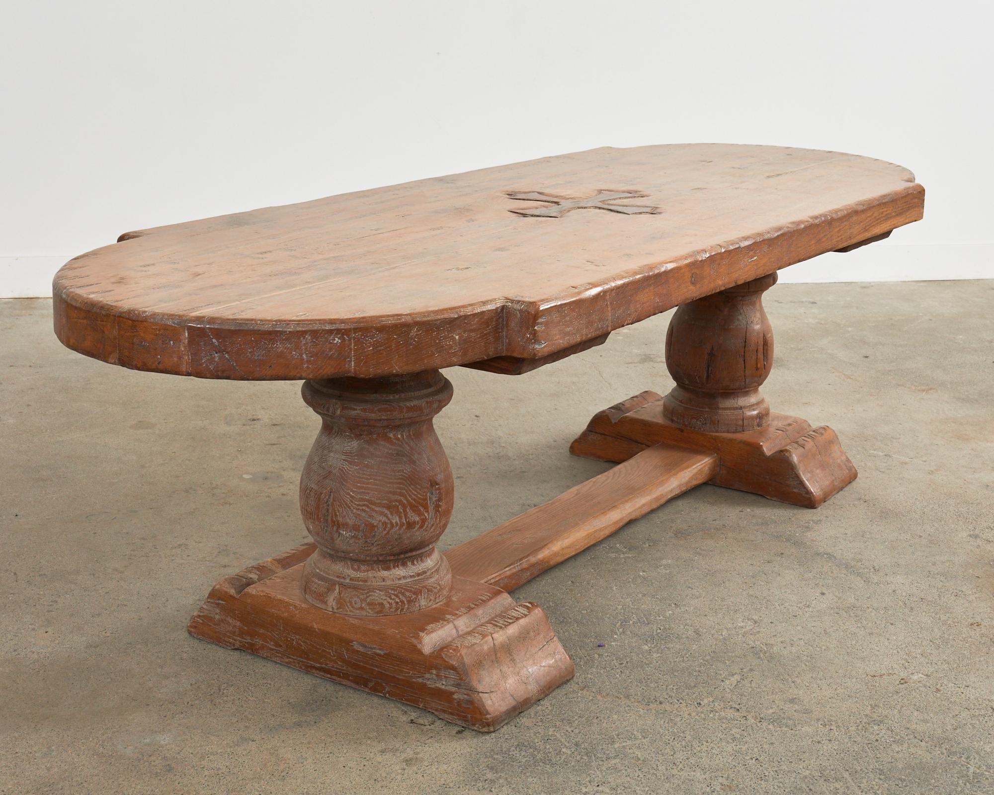 Hand-Crafted Grand Country French Oak Farmhouse Dining Table Demilune Ends For Sale