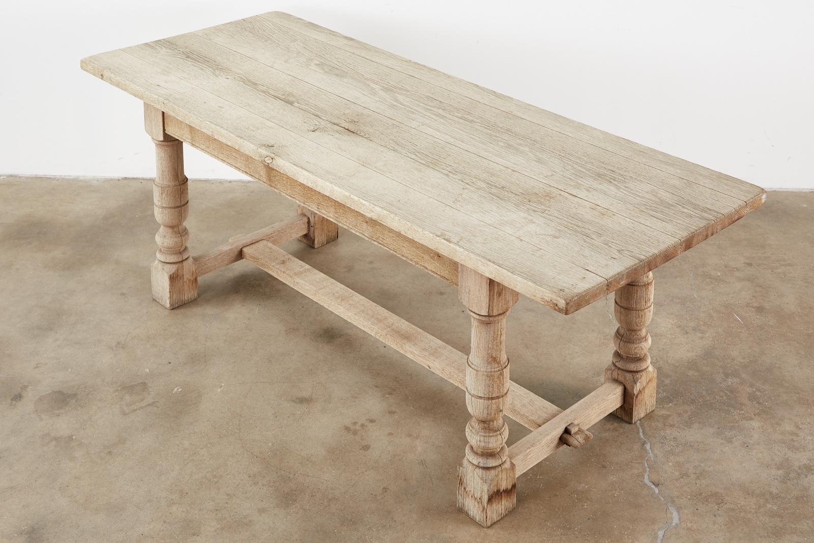 Country French Oak Farmhouse Trestle Dining Table In Distressed Condition For Sale In Rio Vista, CA