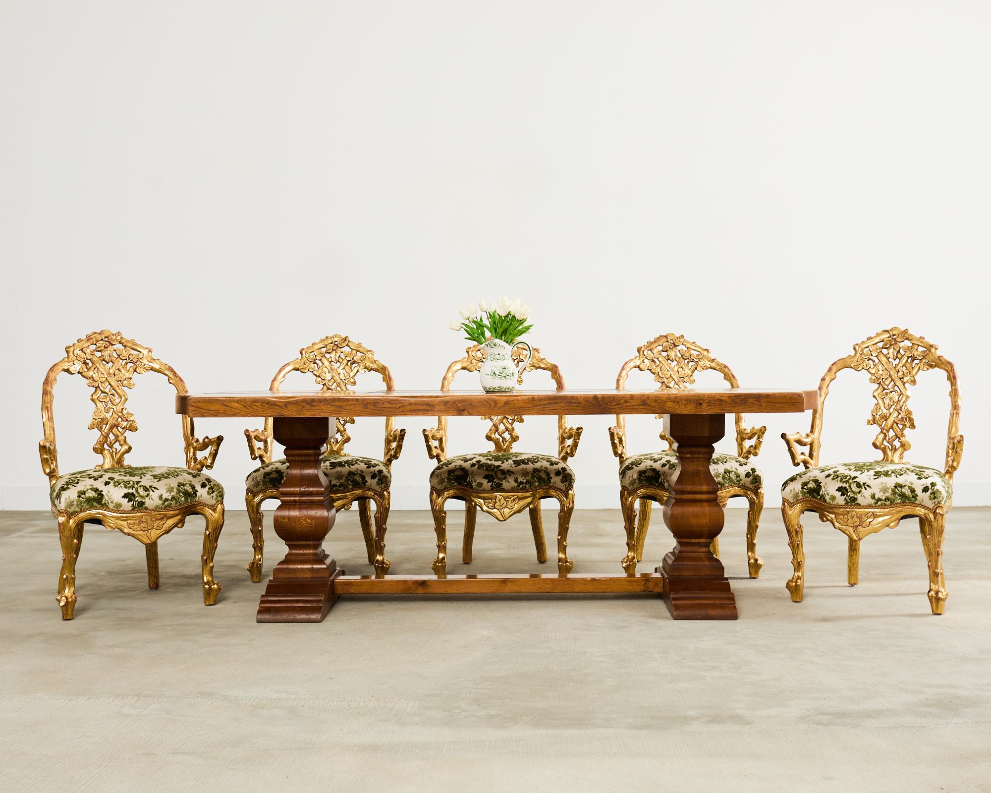 French Provincial Country French Oak Parquet Top Farmhouse Trestle Dining Table For Sale