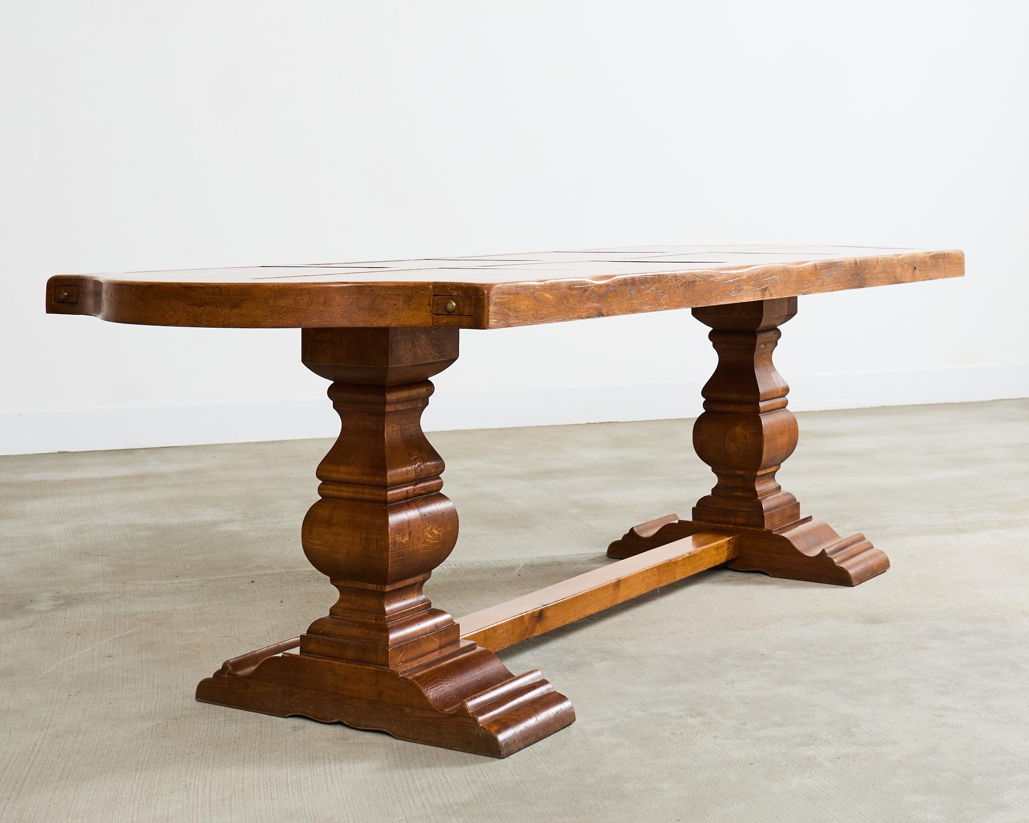 20th Century Country French Oak Parquet Top Farmhouse Trestle Dining Table For Sale