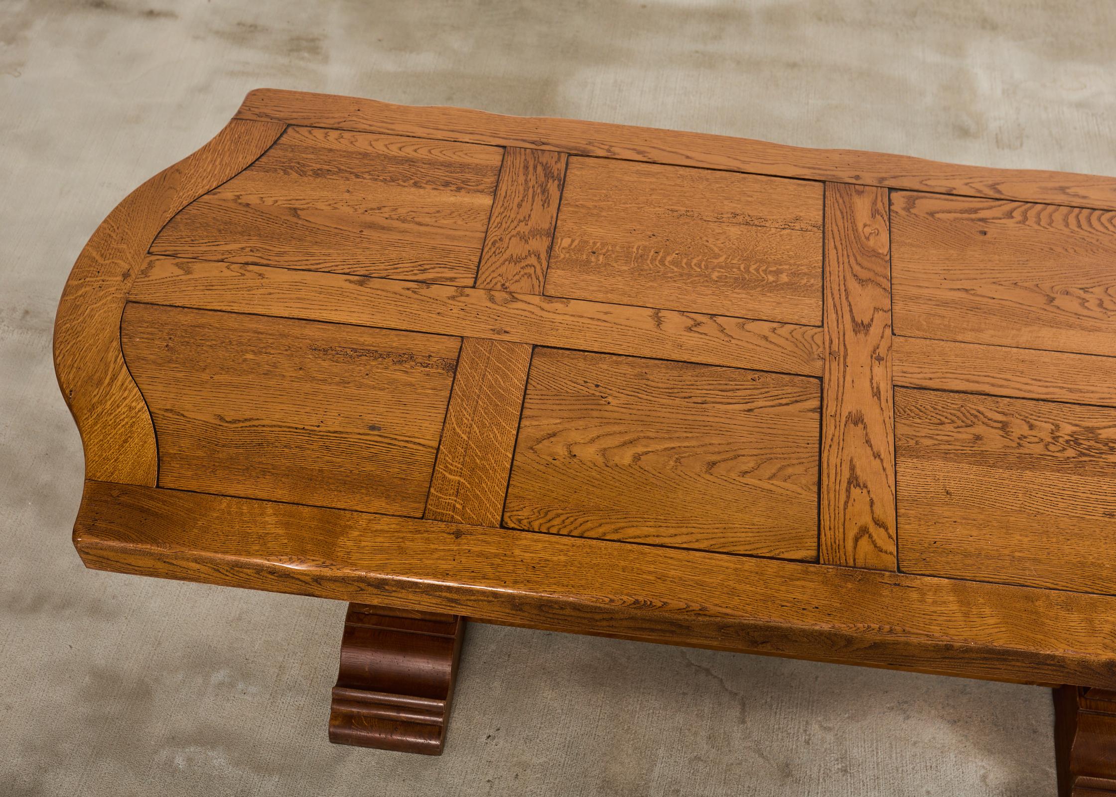 Country French Oak Parquet Top Farmhouse Trestle Dining Table For Sale 1