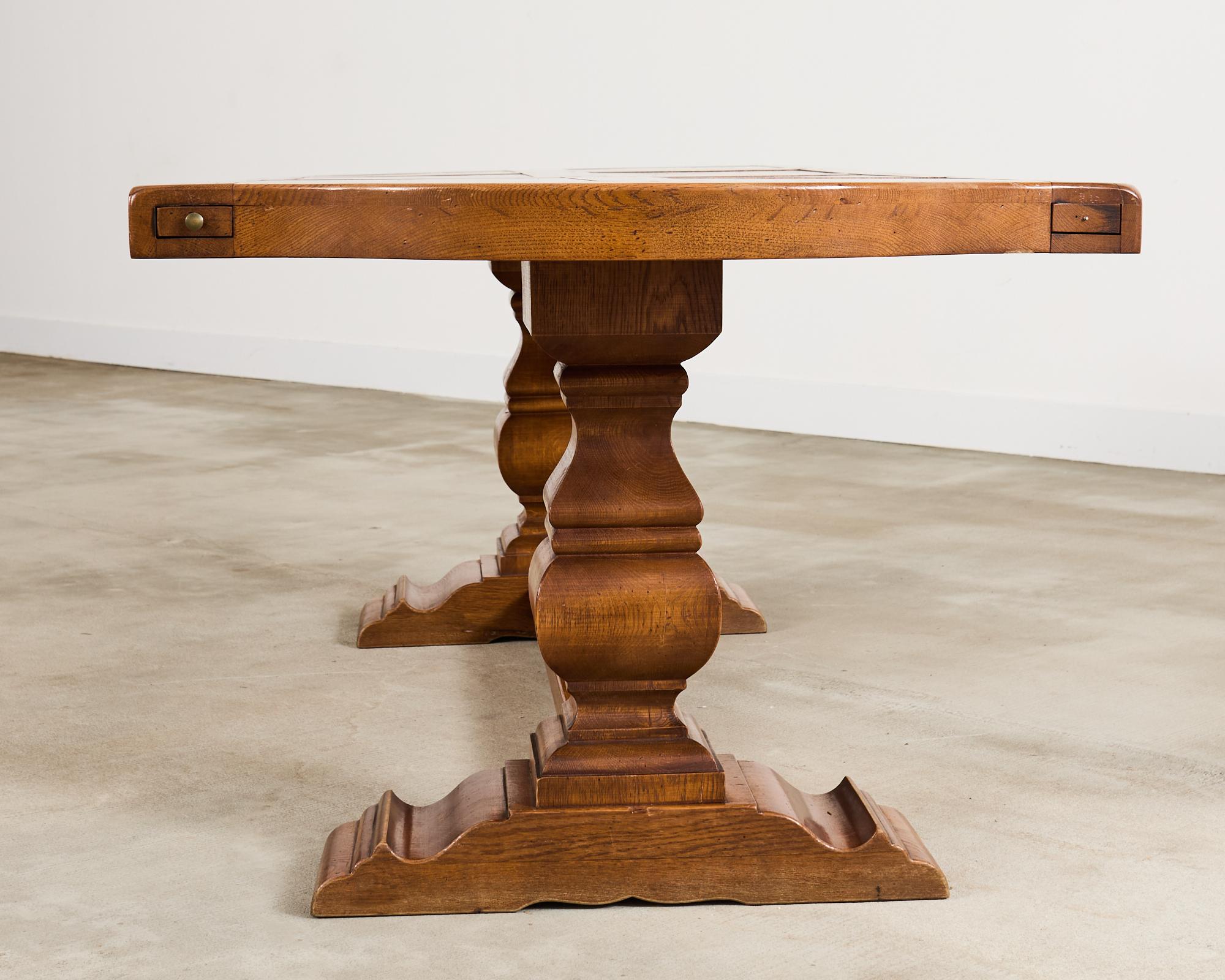 Country French Oak Parquet Top Farmhouse Trestle Dining Table For Sale 4