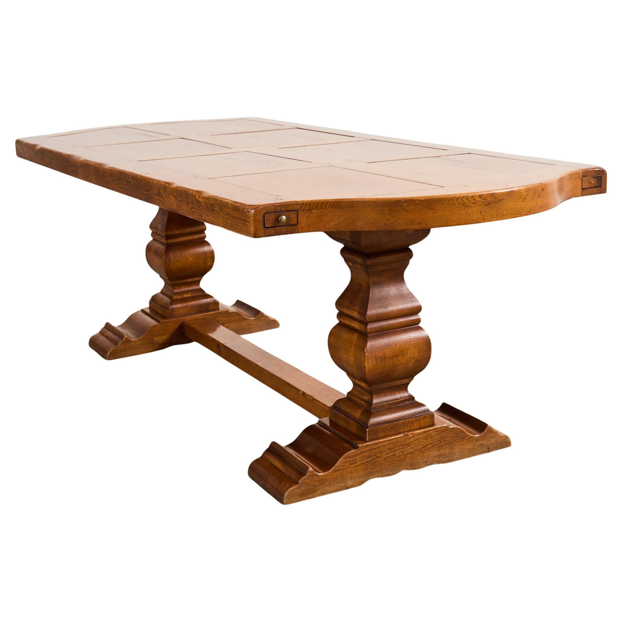 Distinctive country French provincial style farmhouse dining table featuring a solid oak construction with a geometric parquet inlay top. The massive top measures nearly 3 inches thick and has rounded or bowed ends that extend for the diners on each